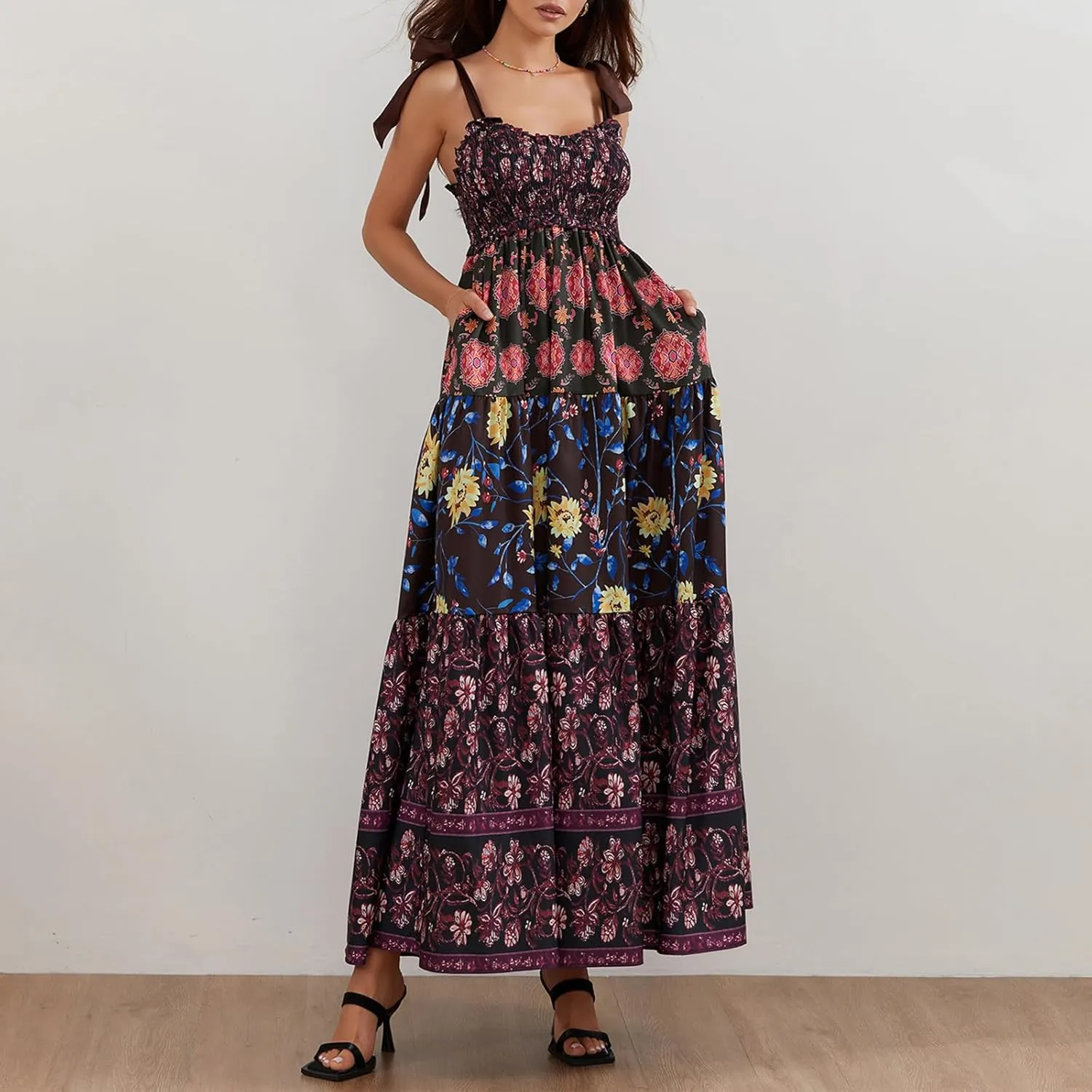 Women Summer Smocked Sleeveless Maxi Dress V-Neck Tie Shoulder Beach Sundresses Boho Floral Print Long Dress