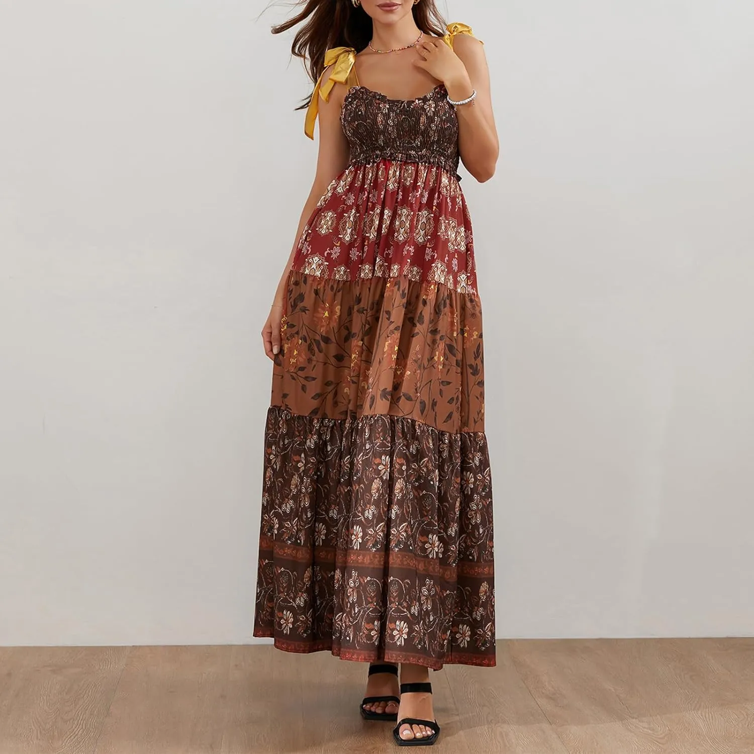 Women Summer Smocked Sleeveless Maxi Dress V-Neck Tie Shoulder Beach Sundresses Boho Floral Print Long Dress