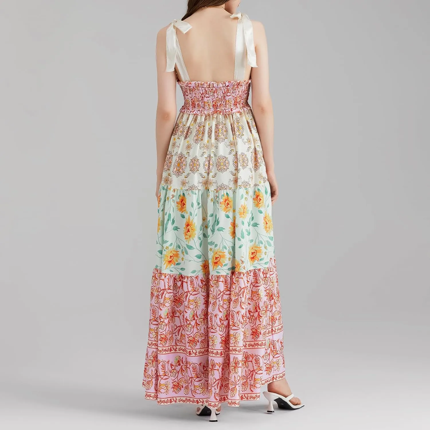 Women Summer Smocked Sleeveless Maxi Dress V-Neck Tie Shoulder Beach Sundresses Boho Floral Print Long Dress