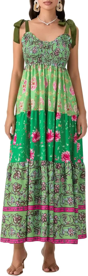 Women Summer Smocked Sleeveless Maxi Dress V-Neck Tie Shoulder Beach Sundresses Boho Floral Print Long Dress