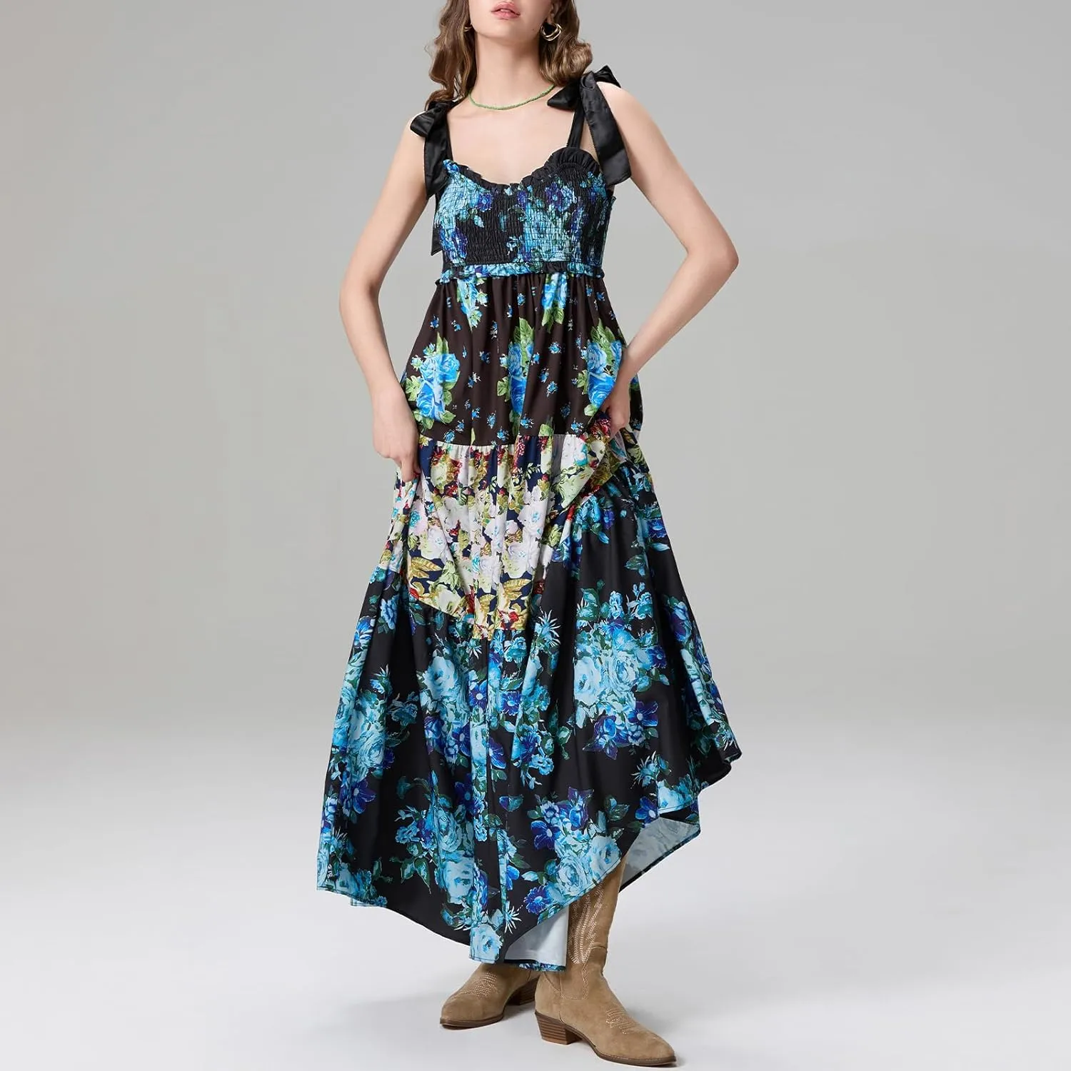 Women Summer Smocked Sleeveless Maxi Dress V-Neck Tie Shoulder Beach Sundresses Boho Floral Print Long Dress