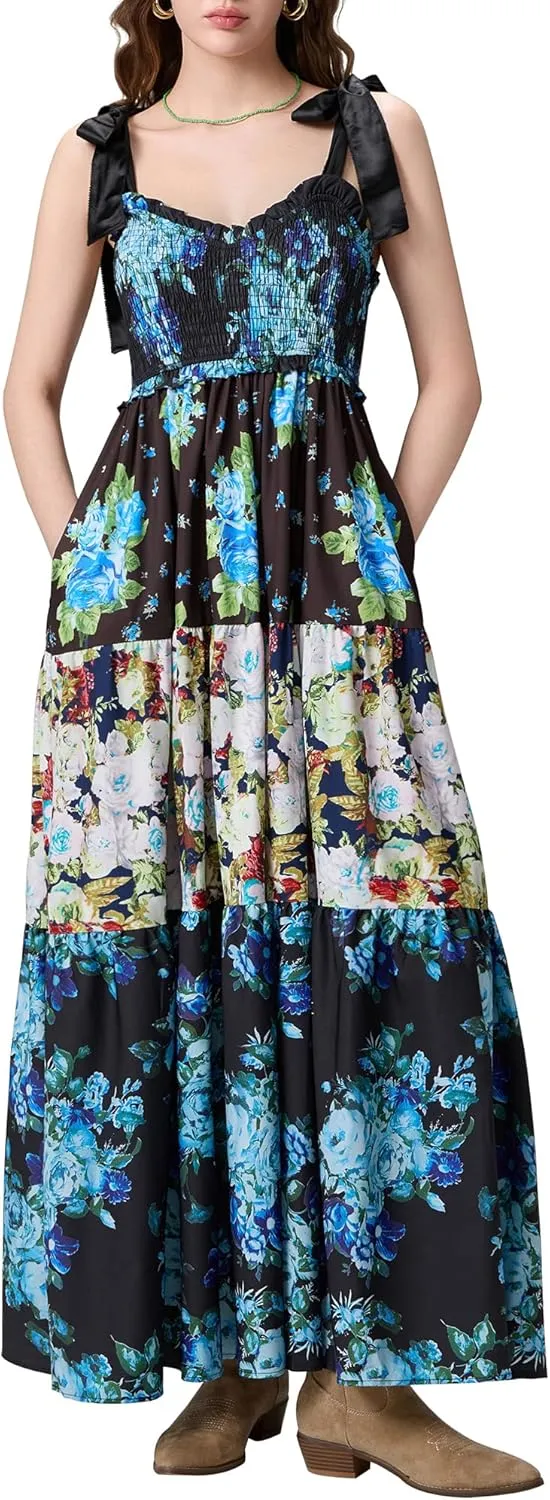Women Summer Smocked Sleeveless Maxi Dress V-Neck Tie Shoulder Beach Sundresses Boho Floral Print Long Dress