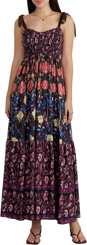 Women Summer Smocked Sleeveless Maxi Dress V-Neck Tie Shoulder Beach Sundresses Boho Floral Print Long Dress