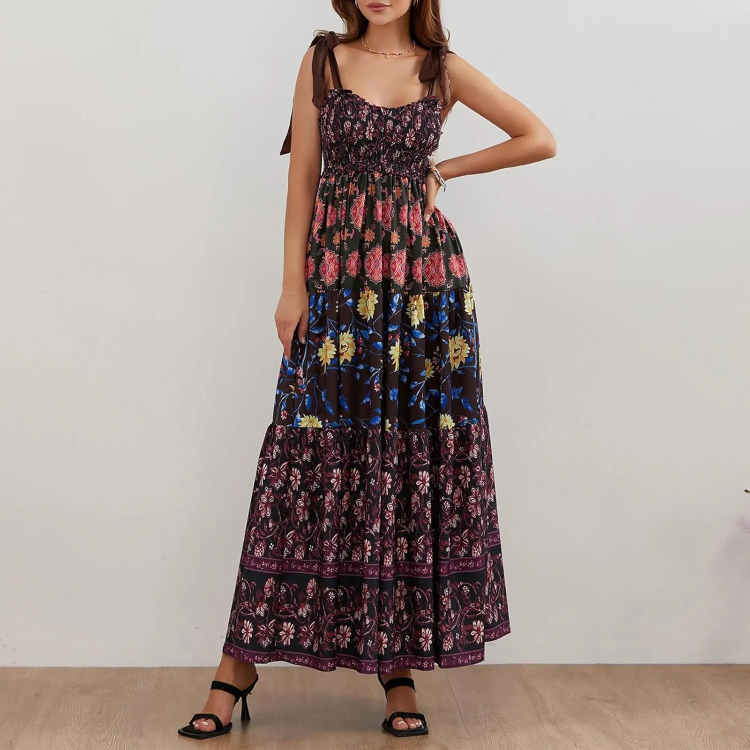 Women Summer Smocked Sleeveless Maxi Dress V-Neck Tie Shoulder Beach Sundresses Boho Floral Print Long Dress