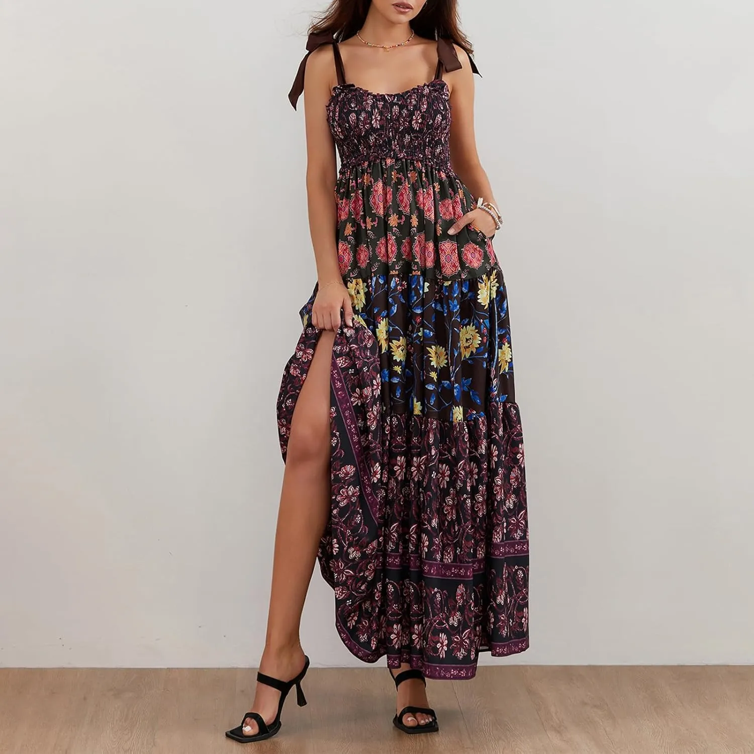 Women Summer Smocked Sleeveless Maxi Dress V-Neck Tie Shoulder Beach Sundresses Boho Floral Print Long Dress