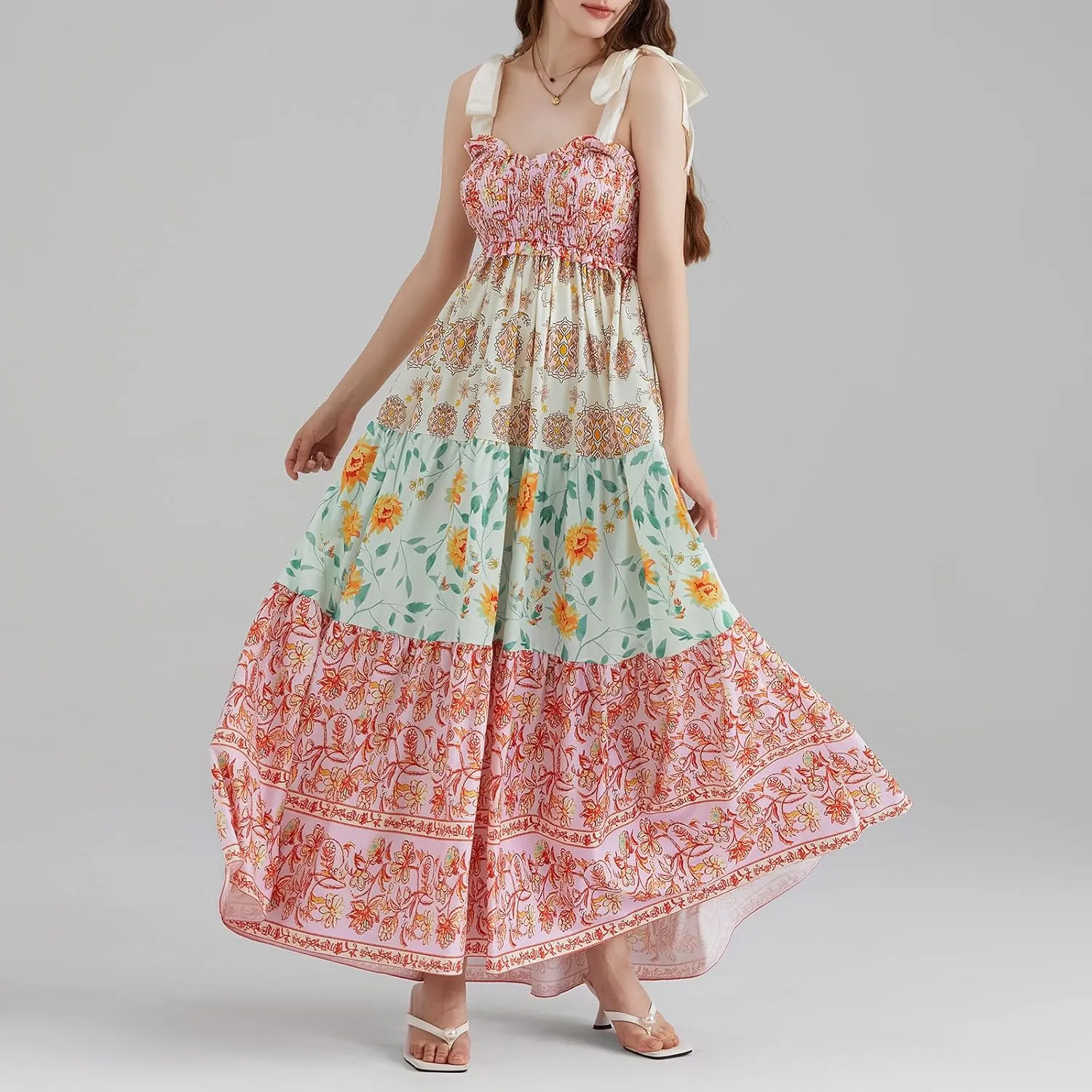 Women Summer Smocked Sleeveless Maxi Dress V-Neck Tie Shoulder Beach Sundresses Boho Floral Print Long Dress