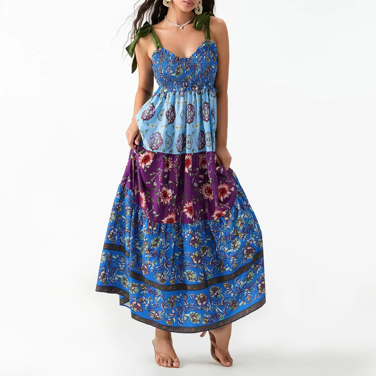 Women Summer Smocked Sleeveless Maxi Dress V-Neck Tie Shoulder Beach Sundresses Boho Floral Print Long Dress