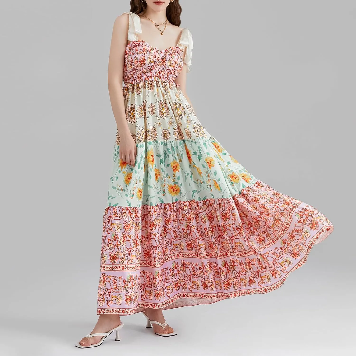 Women Summer Smocked Sleeveless Maxi Dress V-Neck Tie Shoulder Beach Sundresses Boho Floral Print Long Dress