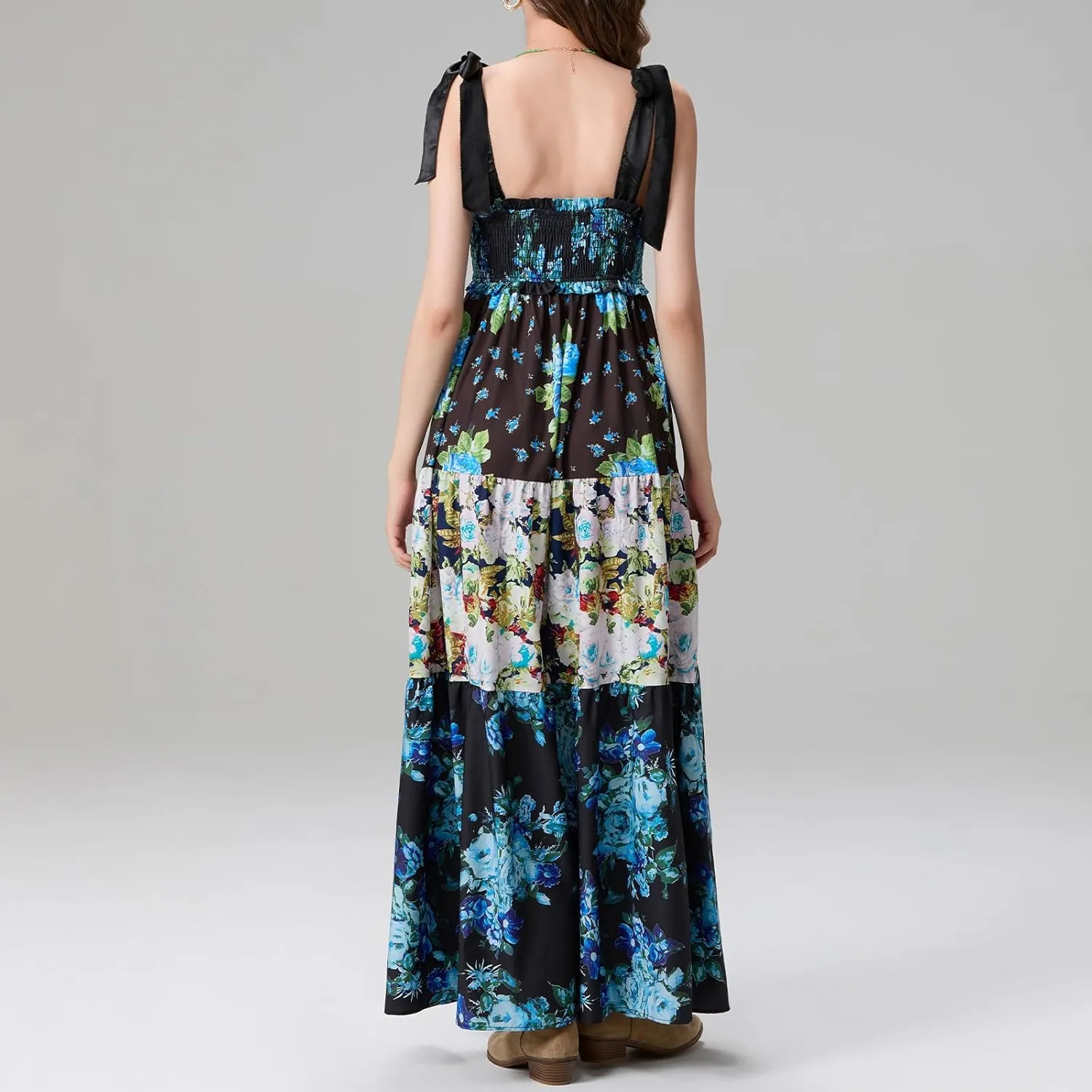 Women Summer Smocked Sleeveless Maxi Dress V-Neck Tie Shoulder Beach Sundresses Boho Floral Print Long Dress