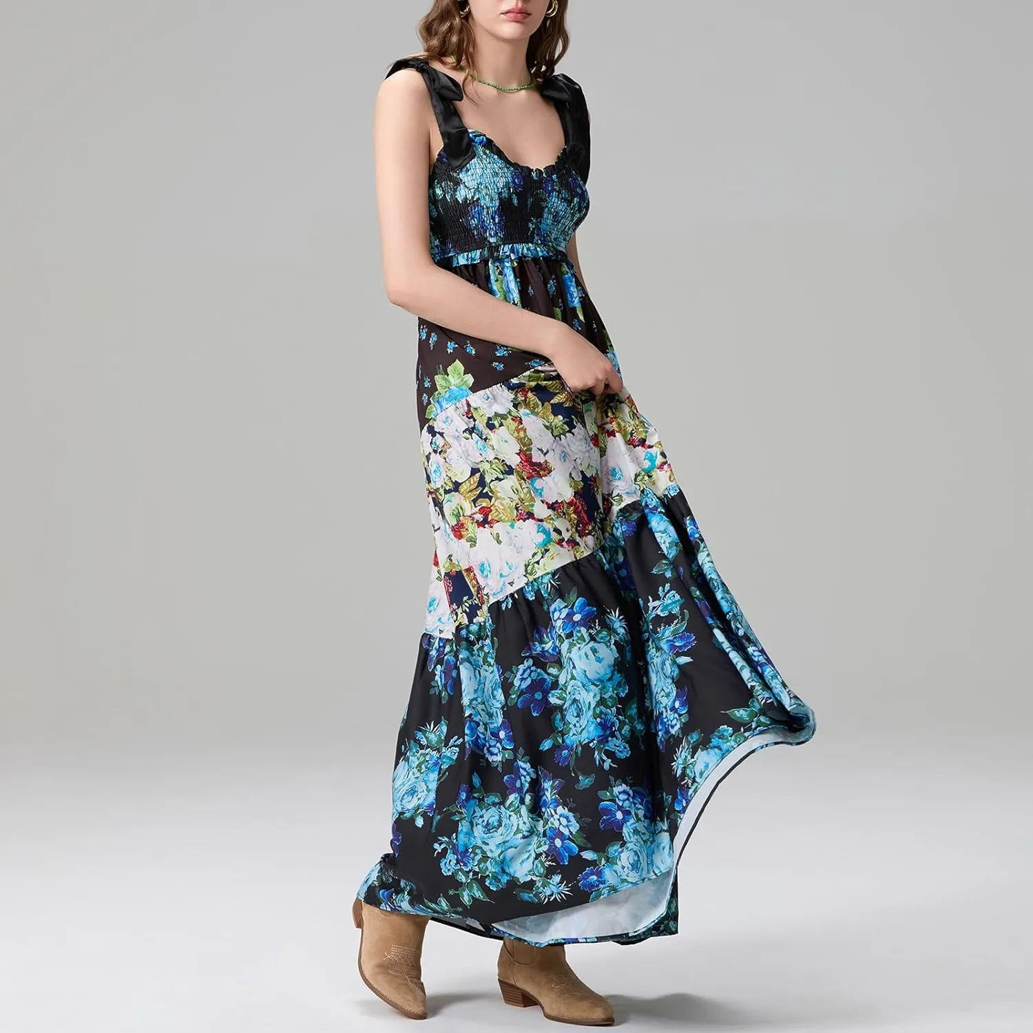 Women Summer Smocked Sleeveless Maxi Dress V-Neck Tie Shoulder Beach Sundresses Boho Floral Print Long Dress