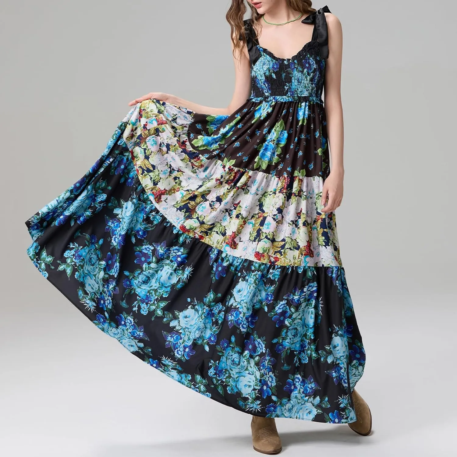 Women Summer Smocked Sleeveless Maxi Dress V-Neck Tie Shoulder Beach Sundresses Boho Floral Print Long Dress