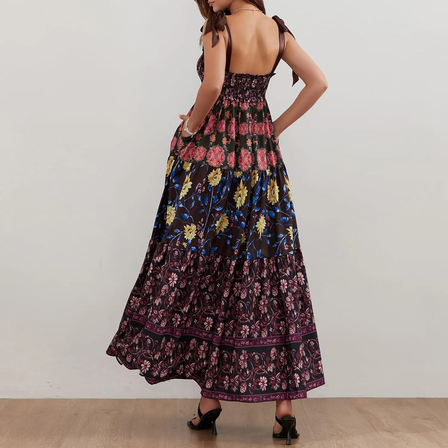 Women Summer Smocked Sleeveless Maxi Dress V-Neck Tie Shoulder Beach Sundresses Boho Floral Print Long Dress