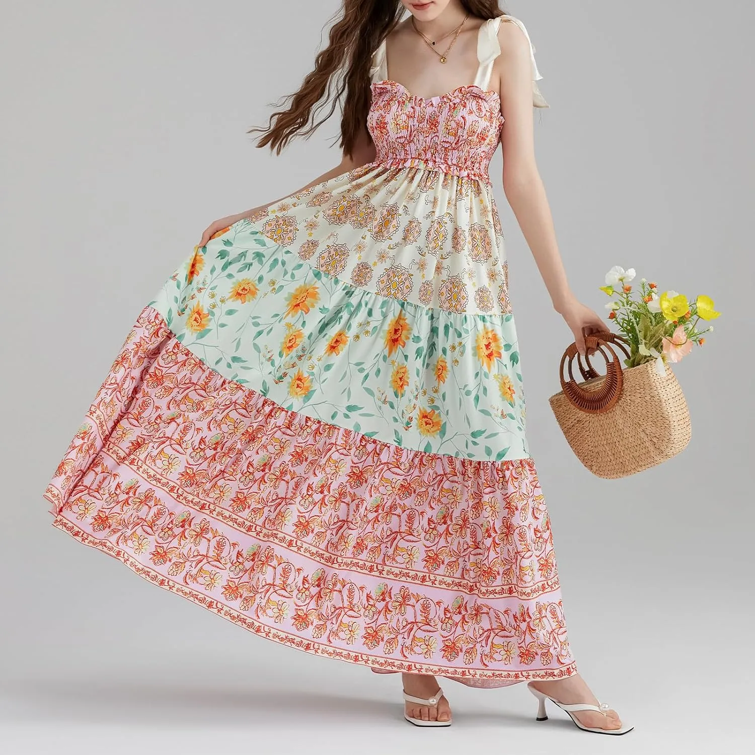 Women Summer Smocked Sleeveless Maxi Dress V-Neck Tie Shoulder Beach Sundresses Boho Floral Print Long Dress