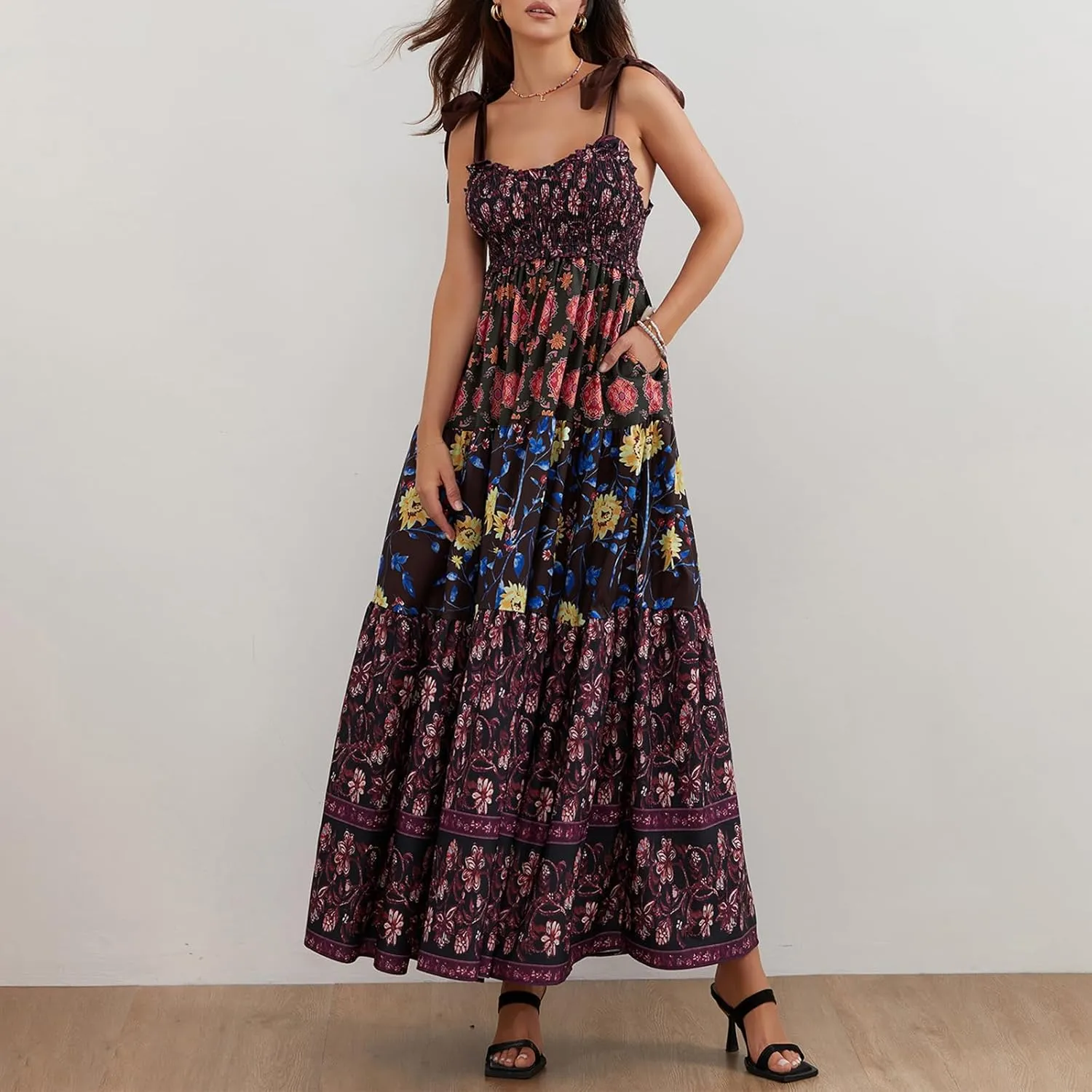 Women Summer Smocked Sleeveless Maxi Dress V-Neck Tie Shoulder Beach Sundresses Boho Floral Print Long Dress