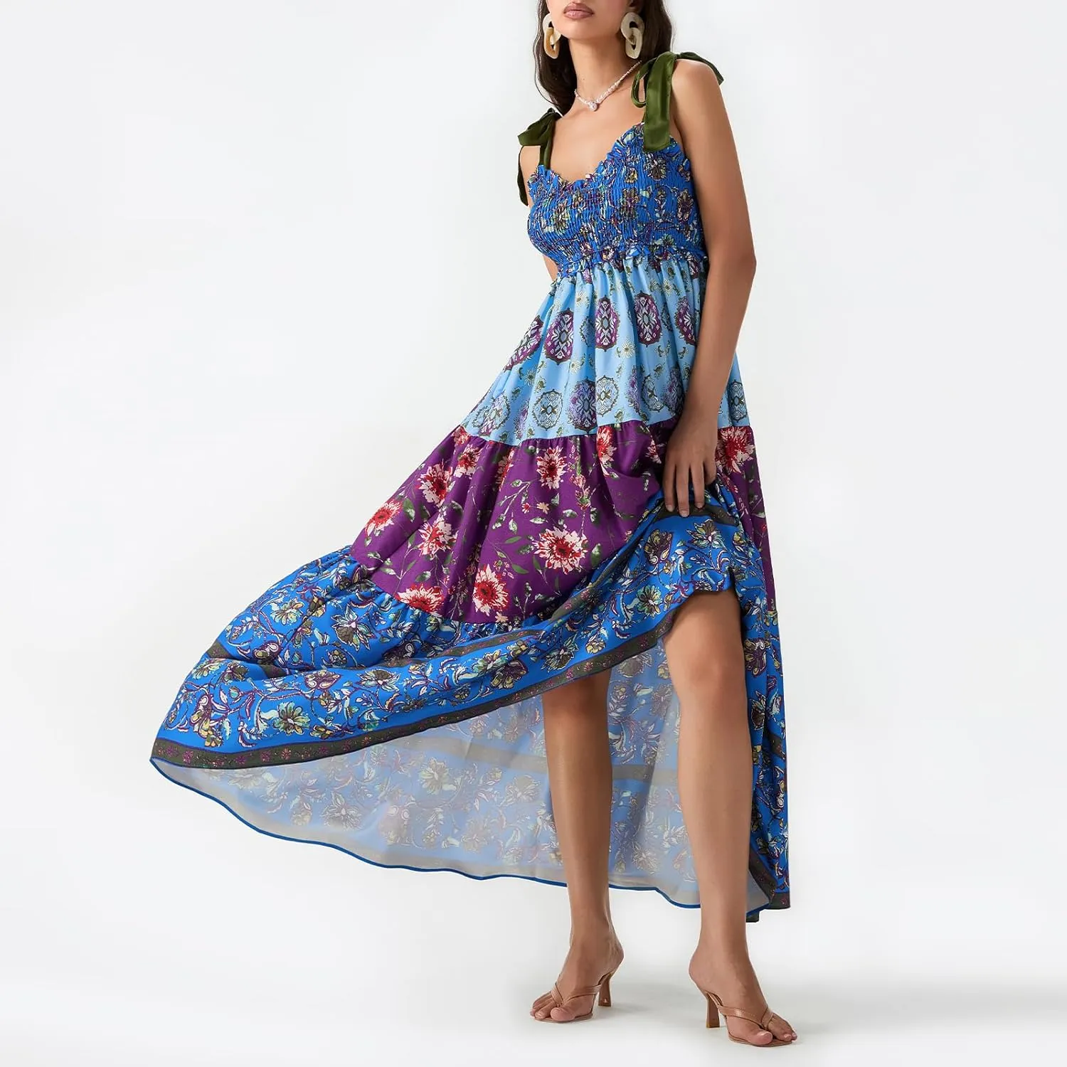 Women Summer Smocked Sleeveless Maxi Dress V-Neck Tie Shoulder Beach Sundresses Boho Floral Print Long Dress