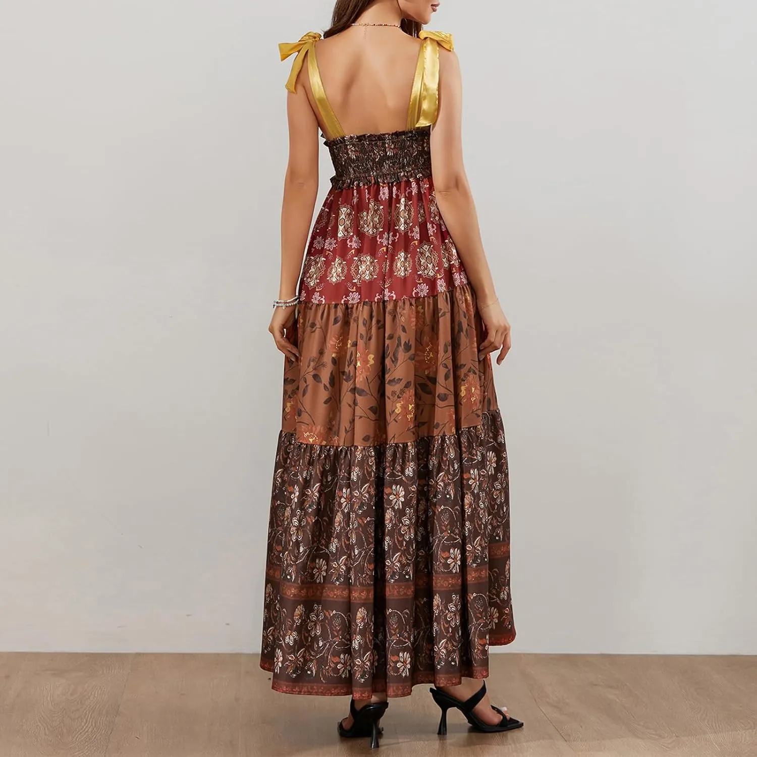 Women Summer Smocked Sleeveless Maxi Dress V-Neck Tie Shoulder Beach Sundresses Boho Floral Print Long Dress