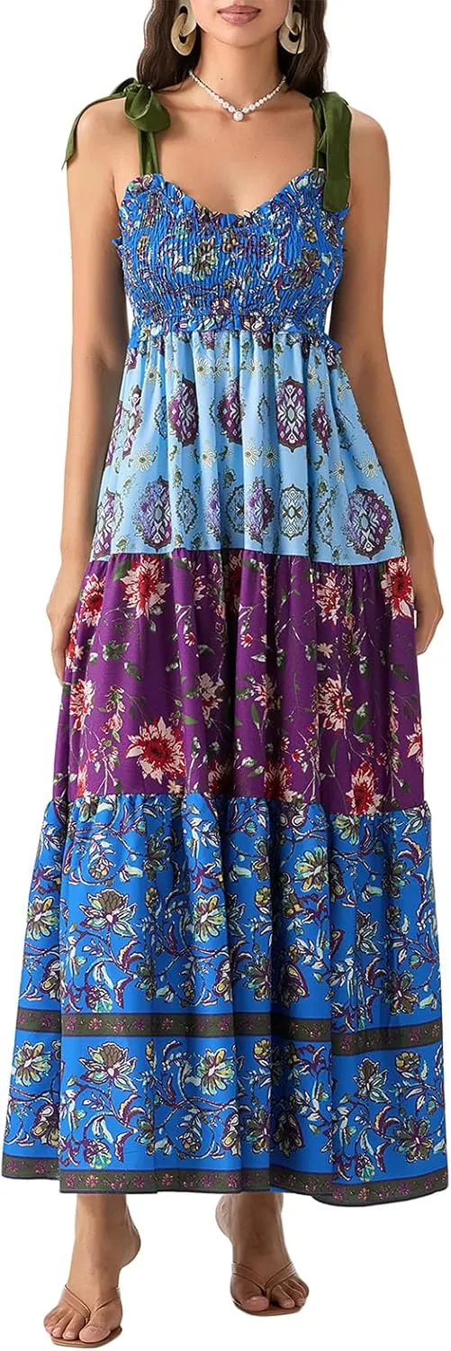 Women Summer Smocked Sleeveless Maxi Dress V-Neck Tie Shoulder Beach Sundresses Boho Floral Print Long Dress
