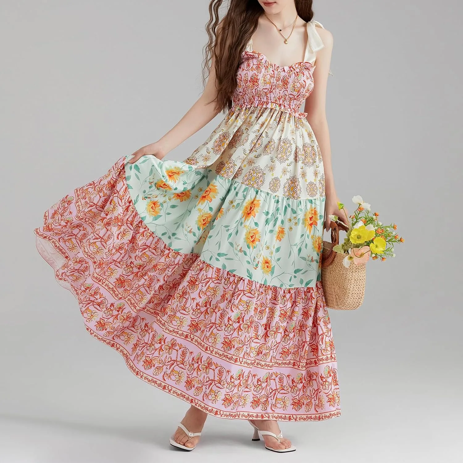 Women Summer Smocked Sleeveless Maxi Dress V-Neck Tie Shoulder Beach Sundresses Boho Floral Print Long Dress