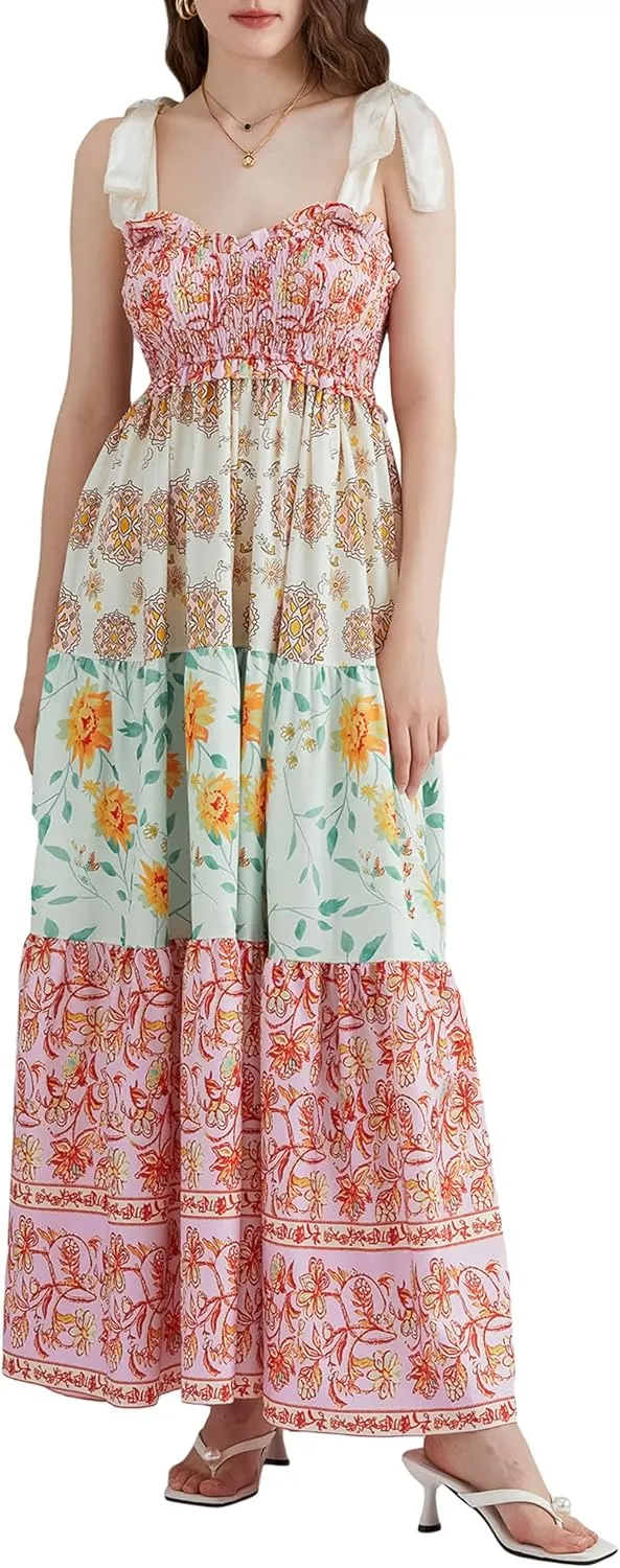 Women Summer Smocked Sleeveless Maxi Dress V-Neck Tie Shoulder Beach Sundresses Boho Floral Print Long Dress