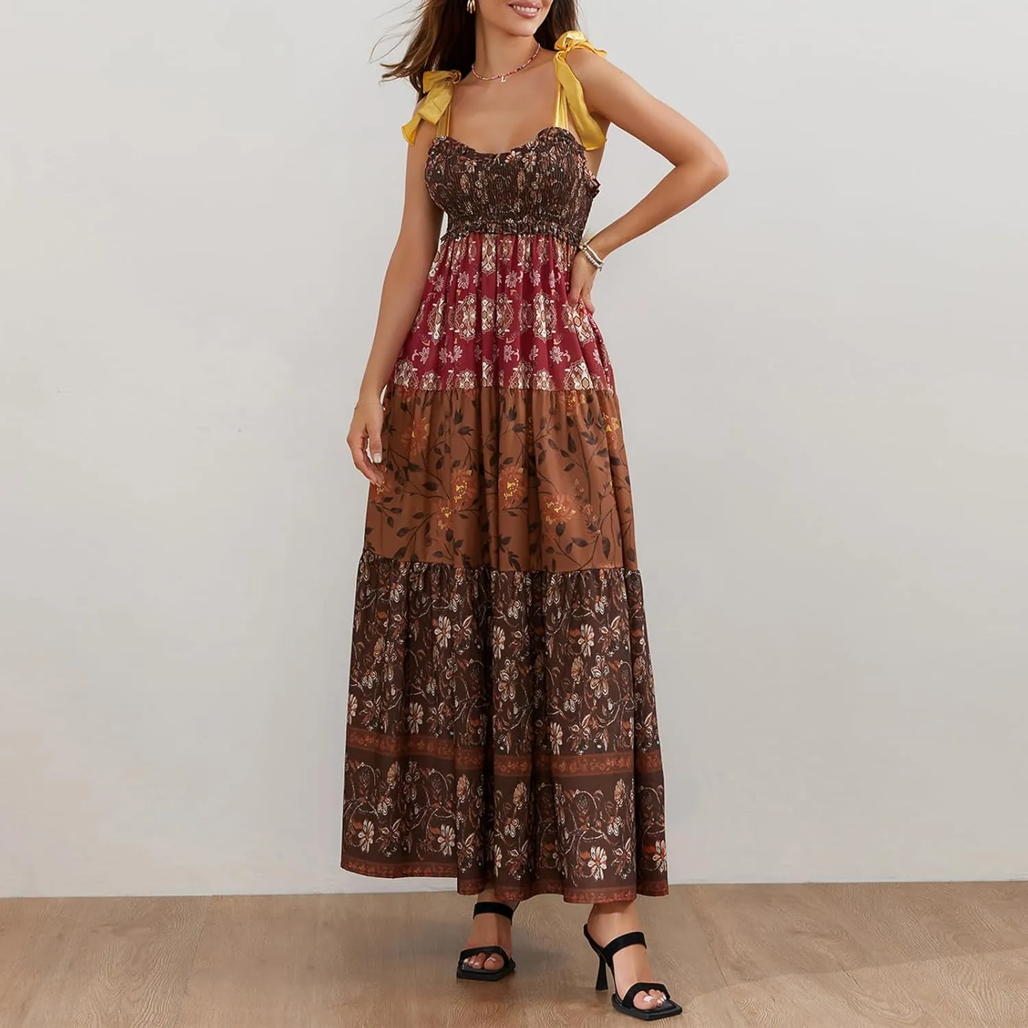 Women Summer Smocked Sleeveless Maxi Dress V-Neck Tie Shoulder Beach Sundresses Boho Floral Print Long Dress