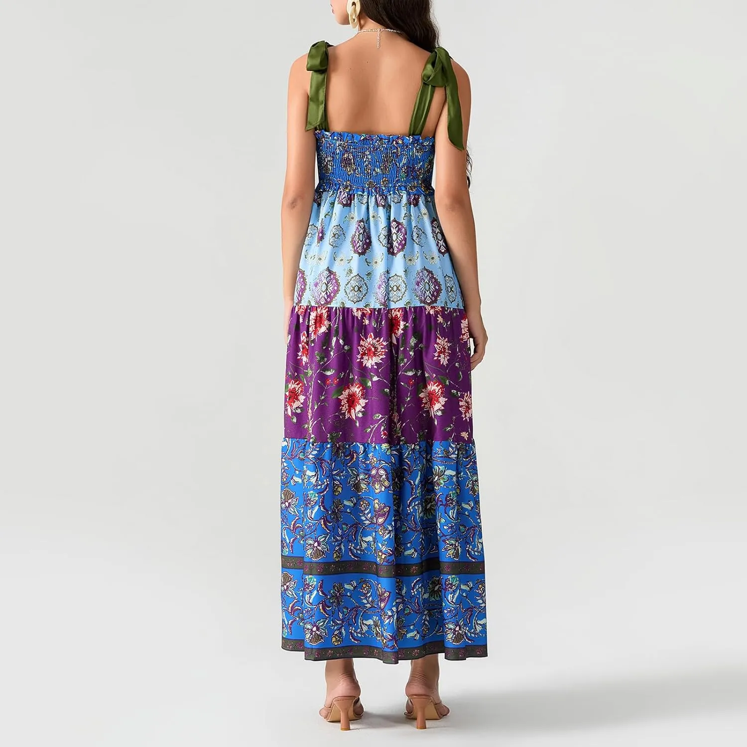 Women Summer Smocked Sleeveless Maxi Dress V-Neck Tie Shoulder Beach Sundresses Boho Floral Print Long Dress