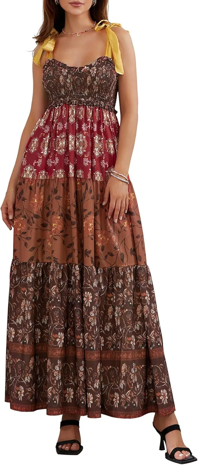 Women Summer Smocked Sleeveless Maxi Dress V-Neck Tie Shoulder Beach Sundresses Boho Floral Print Long Dress