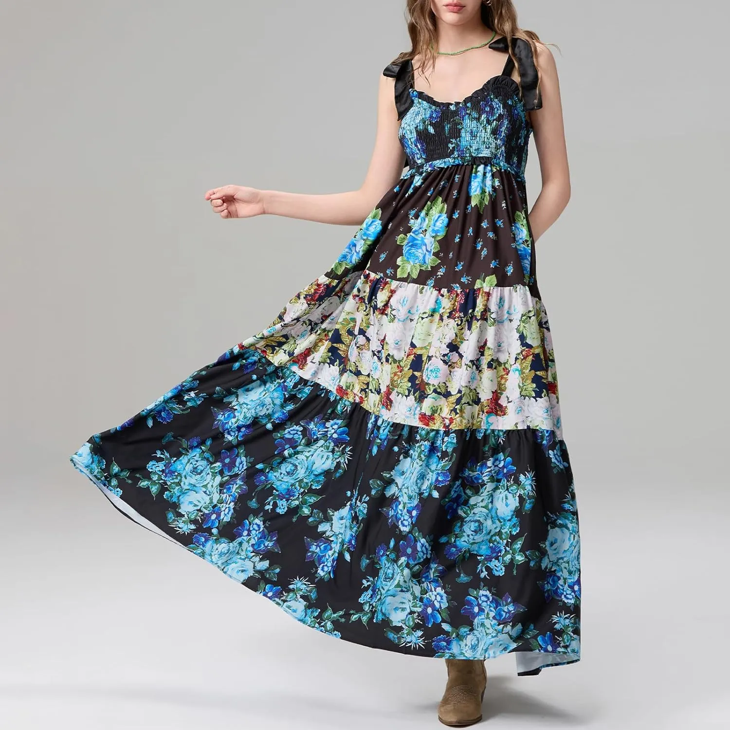 Women Summer Smocked Sleeveless Maxi Dress V-Neck Tie Shoulder Beach Sundresses Boho Floral Print Long Dress