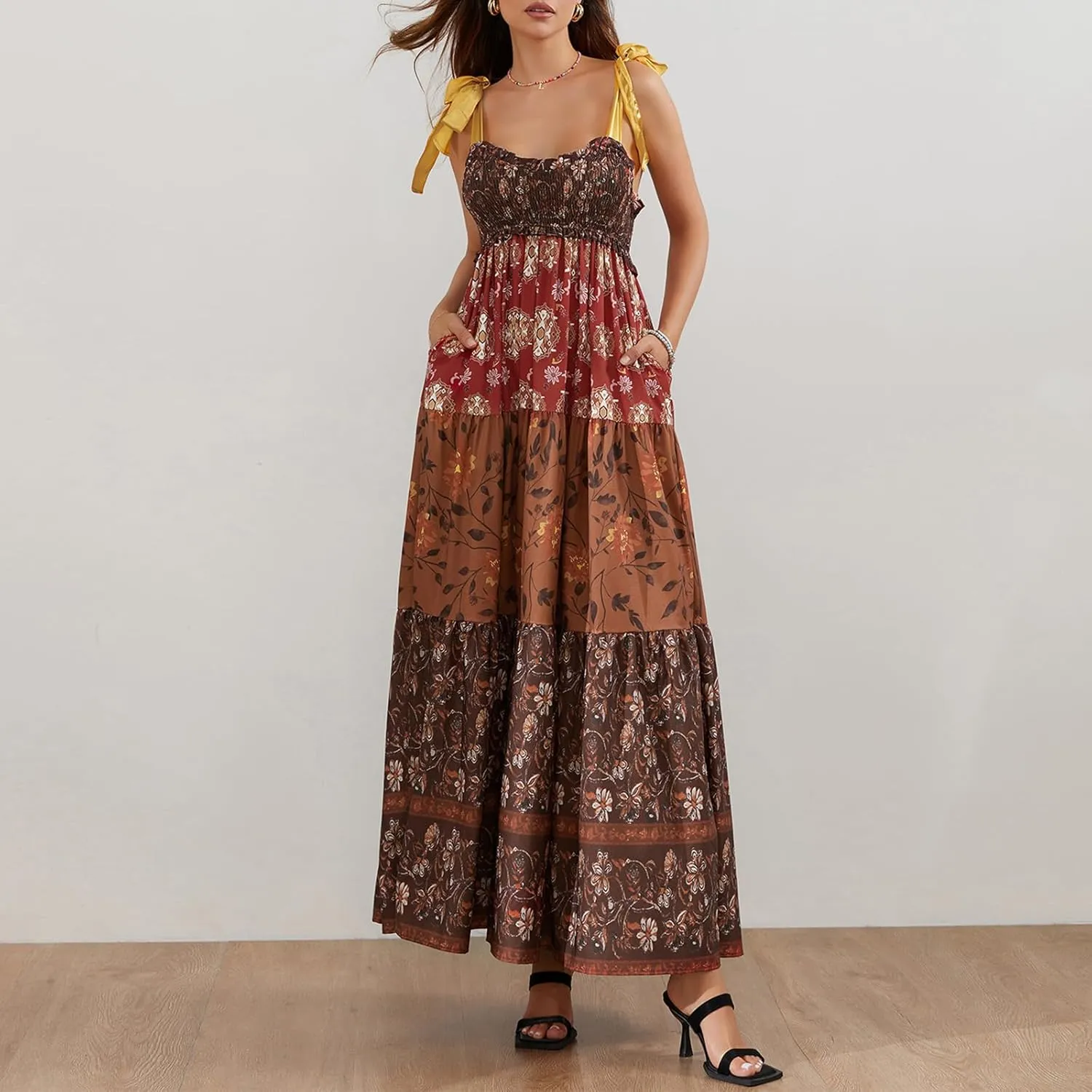 Women Summer Smocked Sleeveless Maxi Dress V-Neck Tie Shoulder Beach Sundresses Boho Floral Print Long Dress