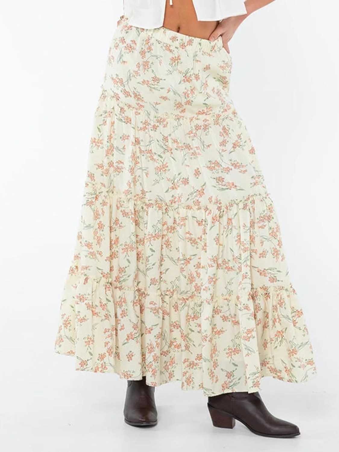 Women Summer Tiered Maxi Skirt Elastic High Waist A Line Boho Beach Dress Flowy Big Swing Long Skirts