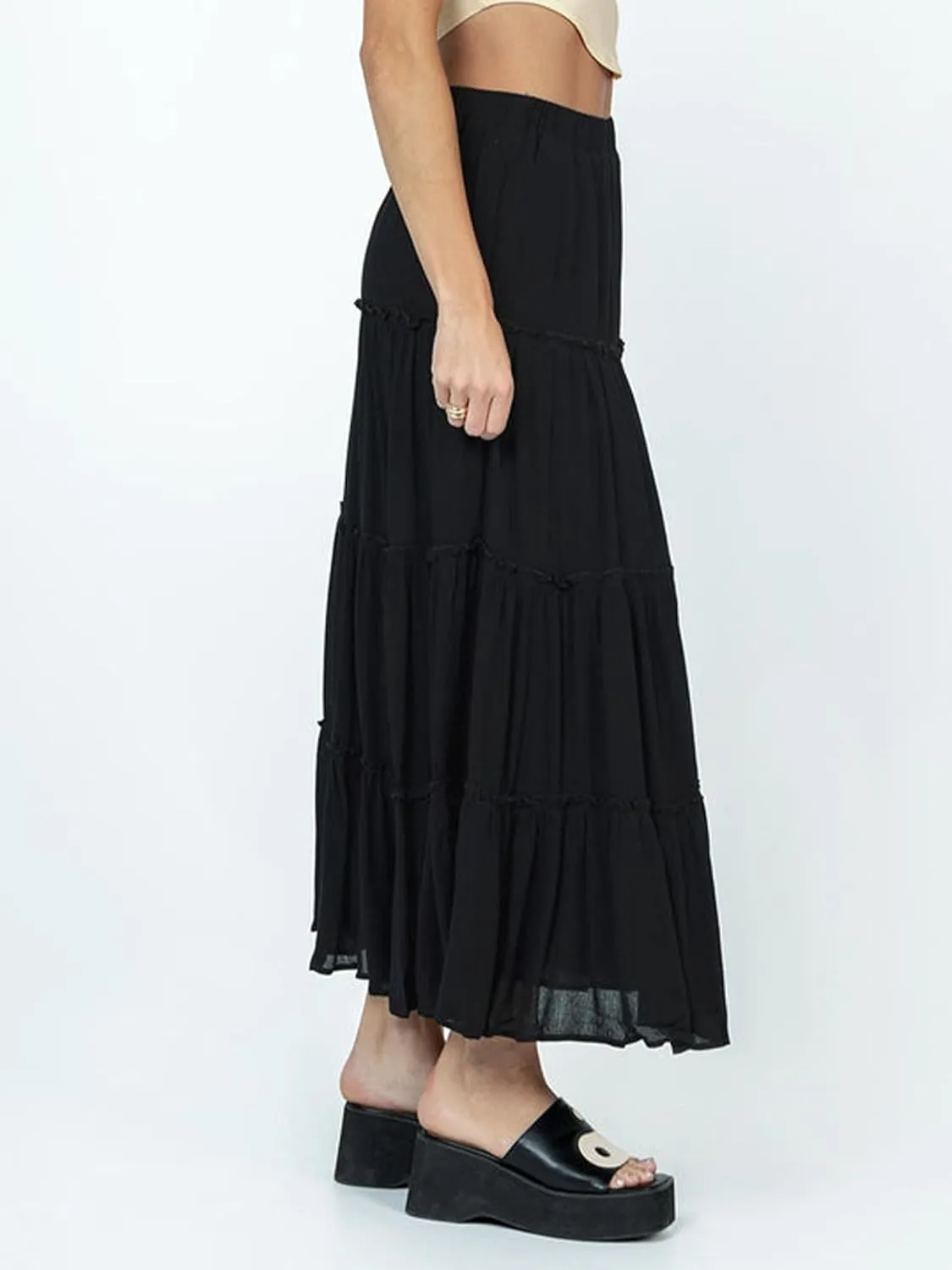 Women Summer Tiered Maxi Skirt Elastic High Waist A Line Boho Beach Dress Flowy Big Swing Long Skirts