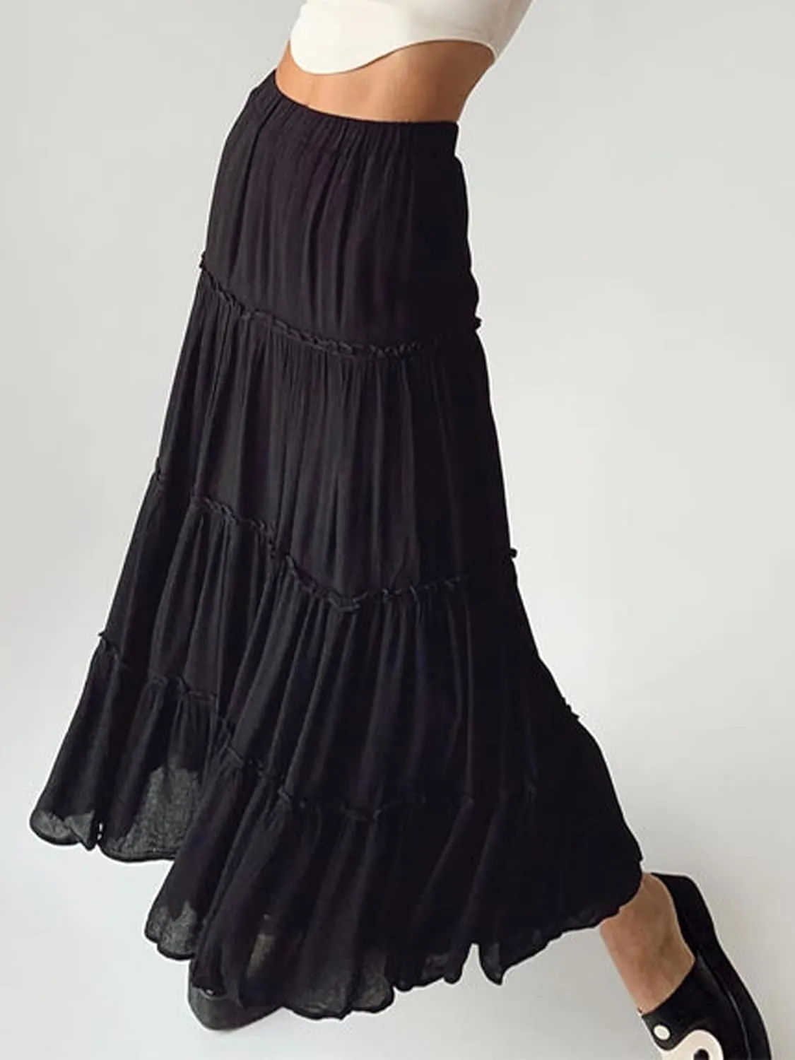Women Summer Tiered Maxi Skirt Elastic High Waist A Line Boho Beach Dress Flowy Big Swing Long Skirts