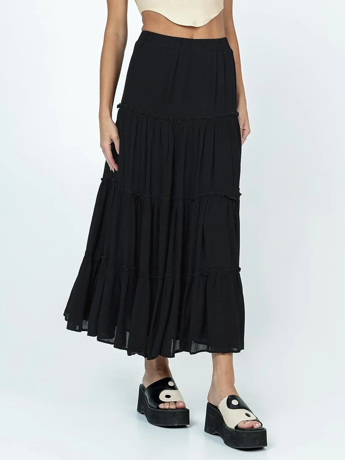 Women Summer Tiered Maxi Skirt Elastic High Waist A Line Boho Beach Dress Flowy Big Swing Long Skirts
