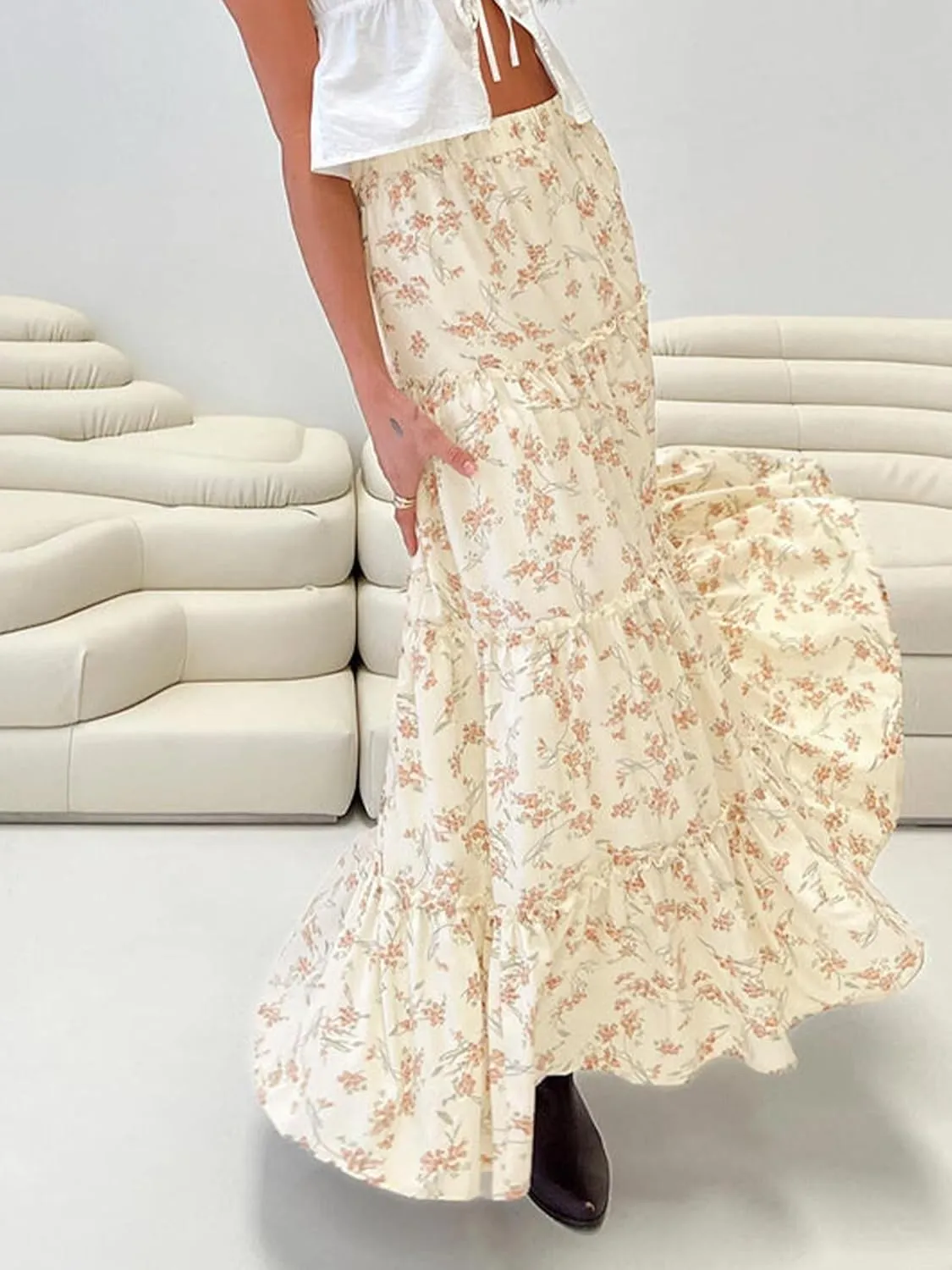 Women Summer Tiered Maxi Skirt Elastic High Waist A Line Boho Beach Dress Flowy Big Swing Long Skirts