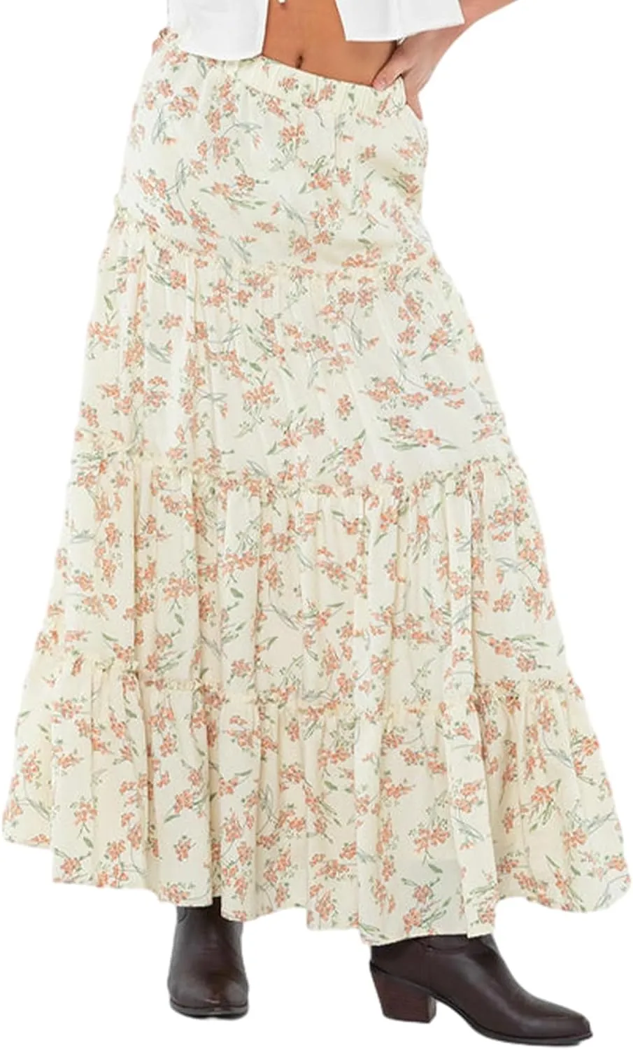 Women Summer Tiered Maxi Skirt Elastic High Waist A Line Boho Beach Dress Flowy Big Swing Long Skirts