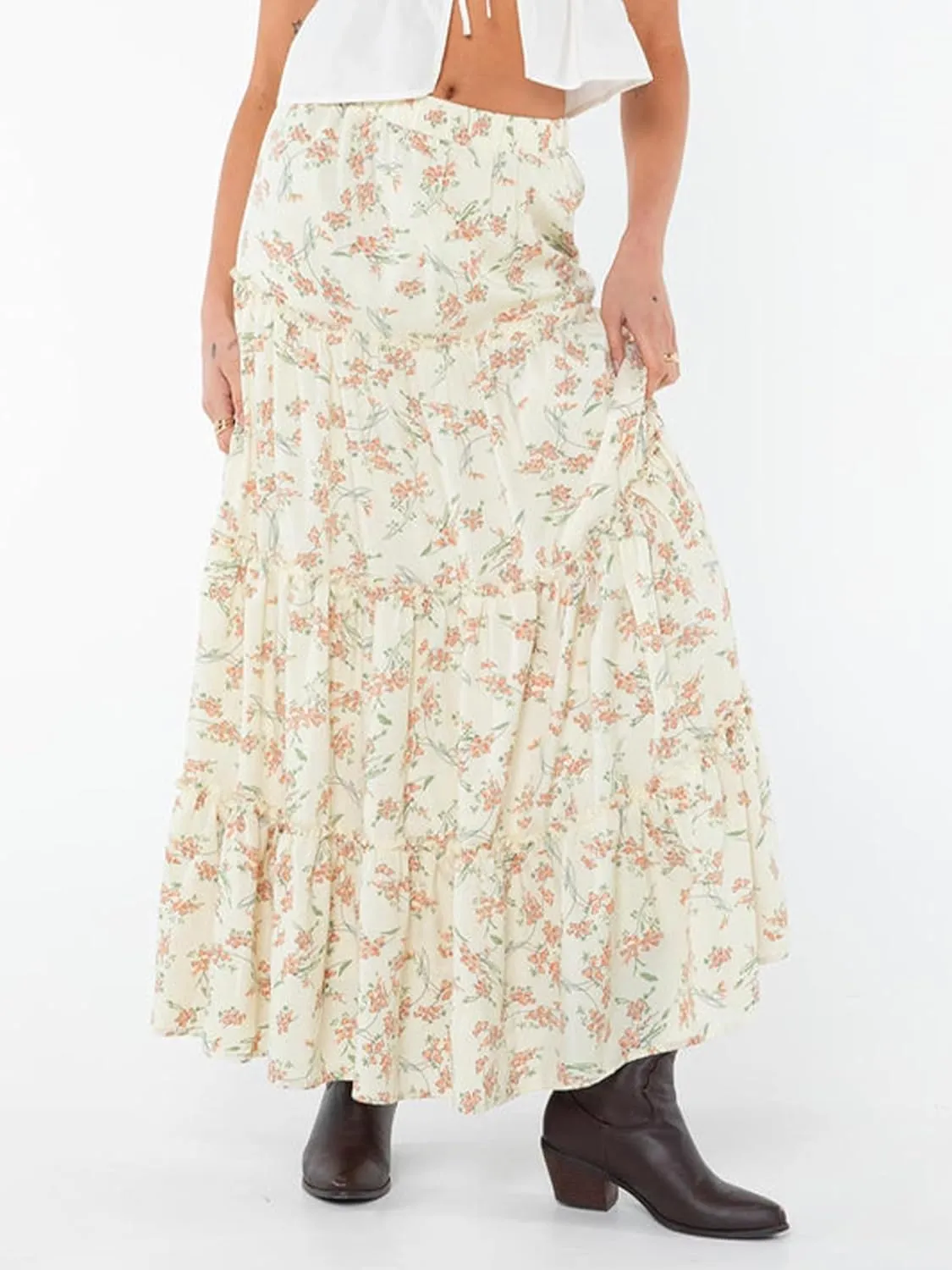 Women Summer Tiered Maxi Skirt Elastic High Waist A Line Boho Beach Dress Flowy Big Swing Long Skirts