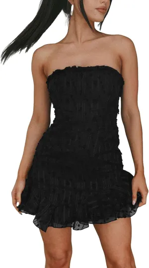 Women Vintage Floral Strapless Tube Mini Dress Sexy Off Shoulder Backless Bodycon Ruffle Flowy Dress Fairy Party Club