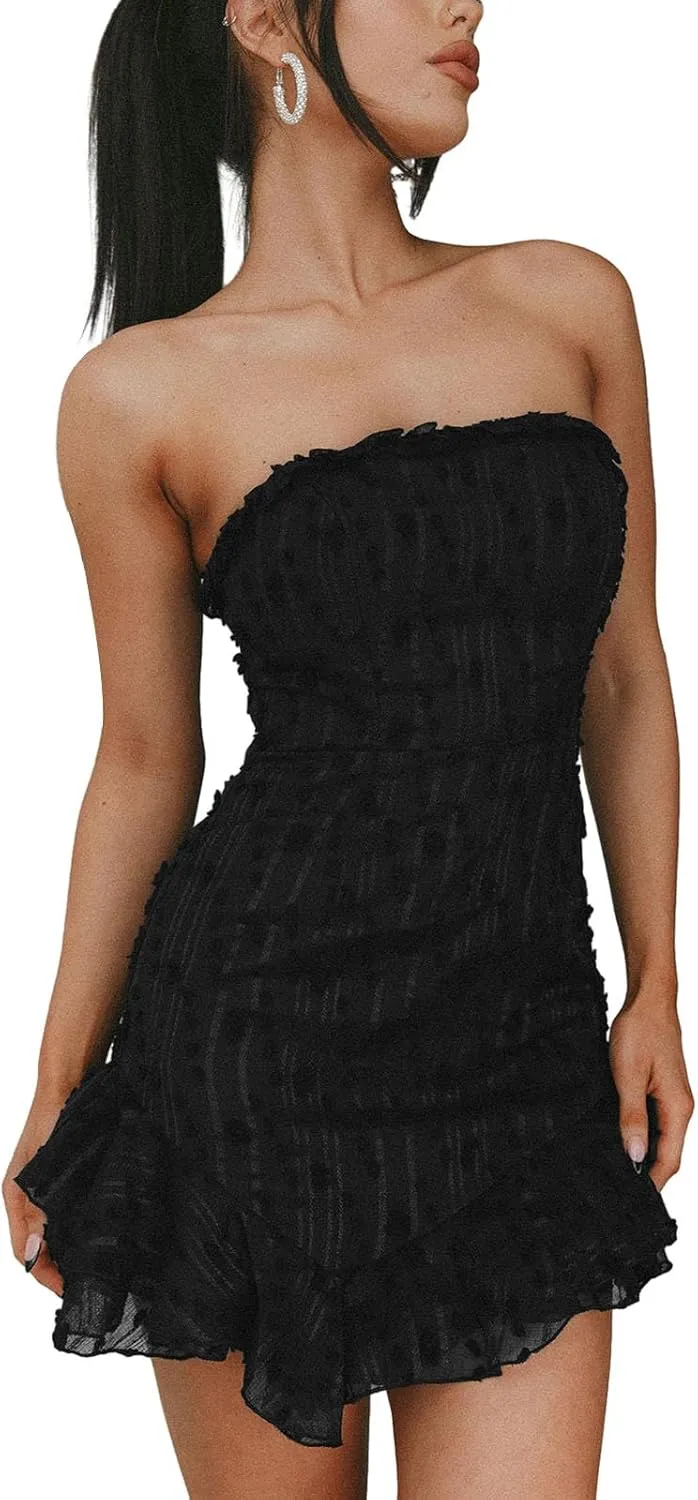 Women Vintage Floral Strapless Tube Mini Dress Sexy Off Shoulder Backless Bodycon Ruffle Flowy Dress Fairy Party Club