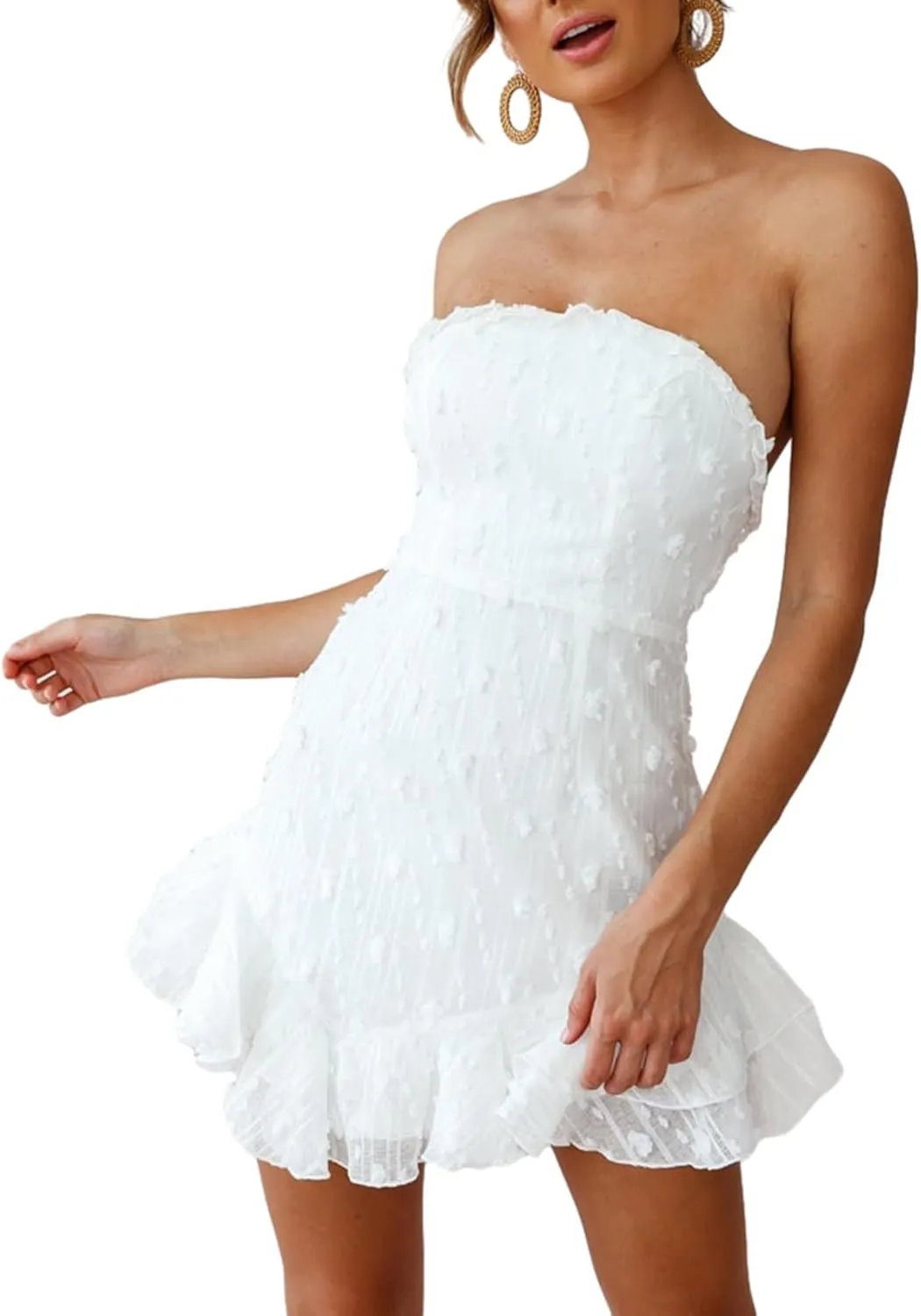 Women Vintage Floral Strapless Tube Mini Dress Sexy Off Shoulder Backless Bodycon Ruffle Flowy Dress Fairy Party Club