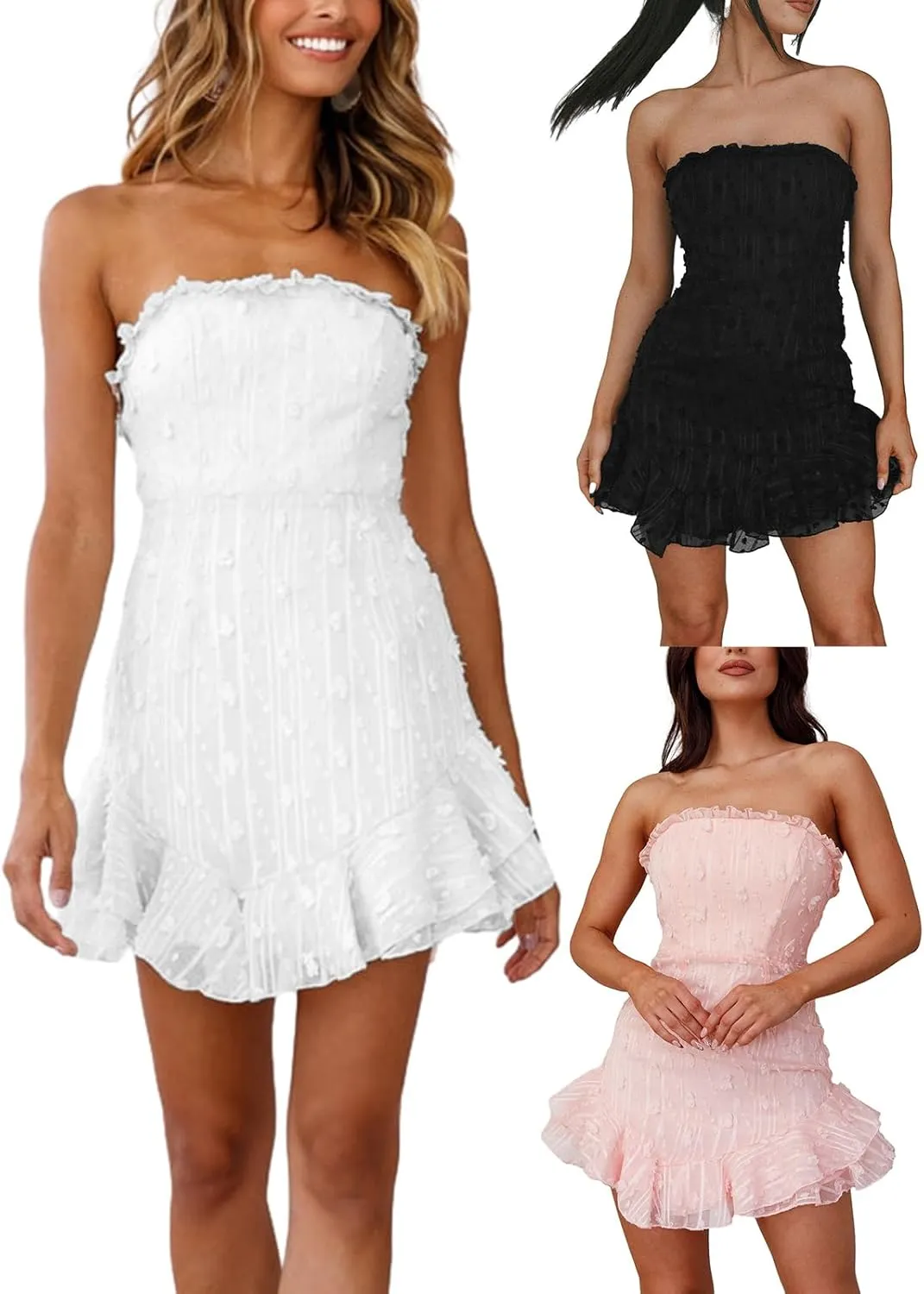 Women Vintage Floral Strapless Tube Mini Dress Sexy Off Shoulder Backless Bodycon Ruffle Flowy Dress Fairy Party Club