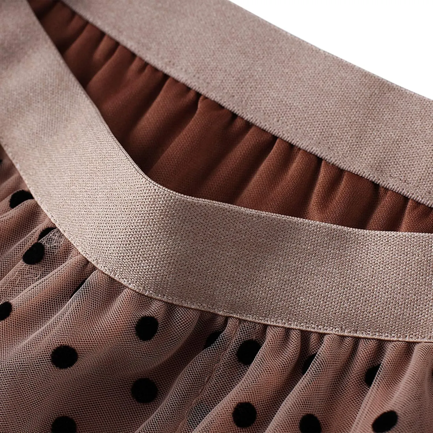 Women Wave Point Yarn Skirt Elastic High Waist Pleated A-Line Midi Skirt Layered Polka Dot Tulle Tutu Skirt