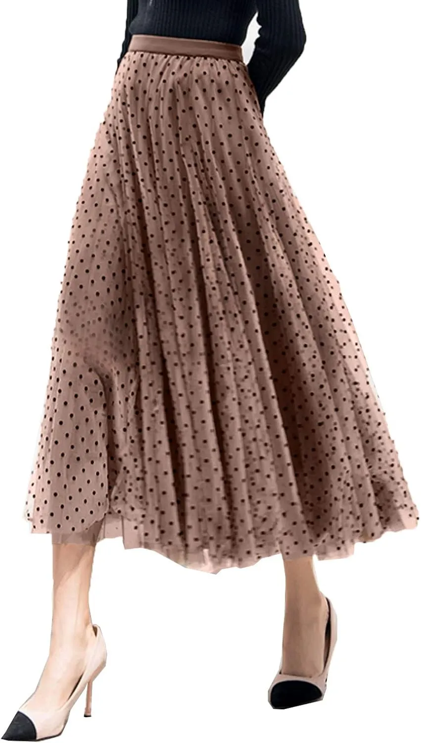 Women Wave Point Yarn Skirt Elastic High Waist Pleated A-Line Midi Skirt Layered Polka Dot Tulle Tutu Skirt