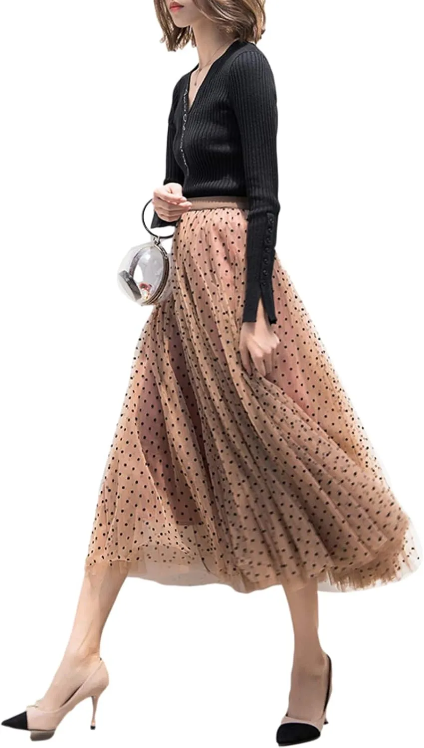 Women Wave Point Yarn Skirt Elastic High Waist Pleated A-Line Midi Skirt Layered Polka Dot Tulle Tutu Skirt