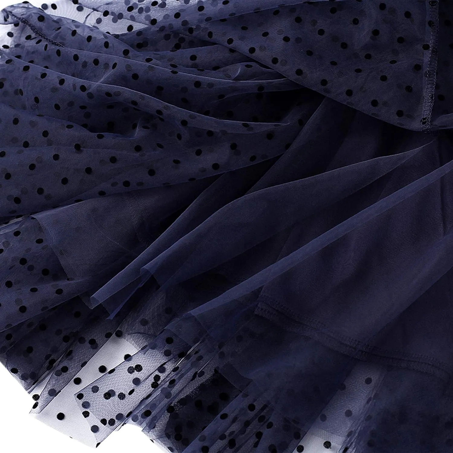 Women Wave Point Yarn Skirt Elastic High Waist Pleated A-Line Midi Skirt Layered Polka Dot Tulle Tutu Skirt