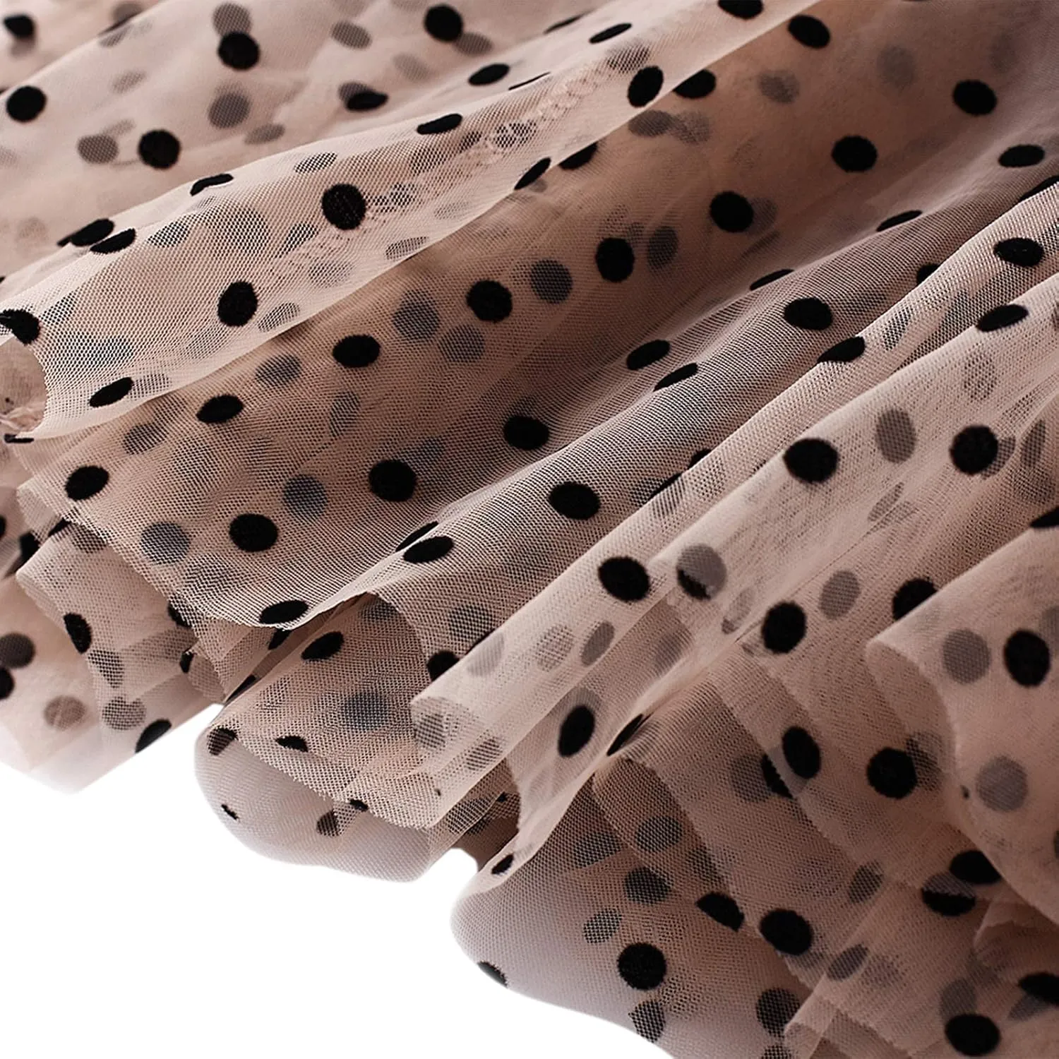 Women Wave Point Yarn Skirt Elastic High Waist Pleated A-Line Midi Skirt Layered Polka Dot Tulle Tutu Skirt