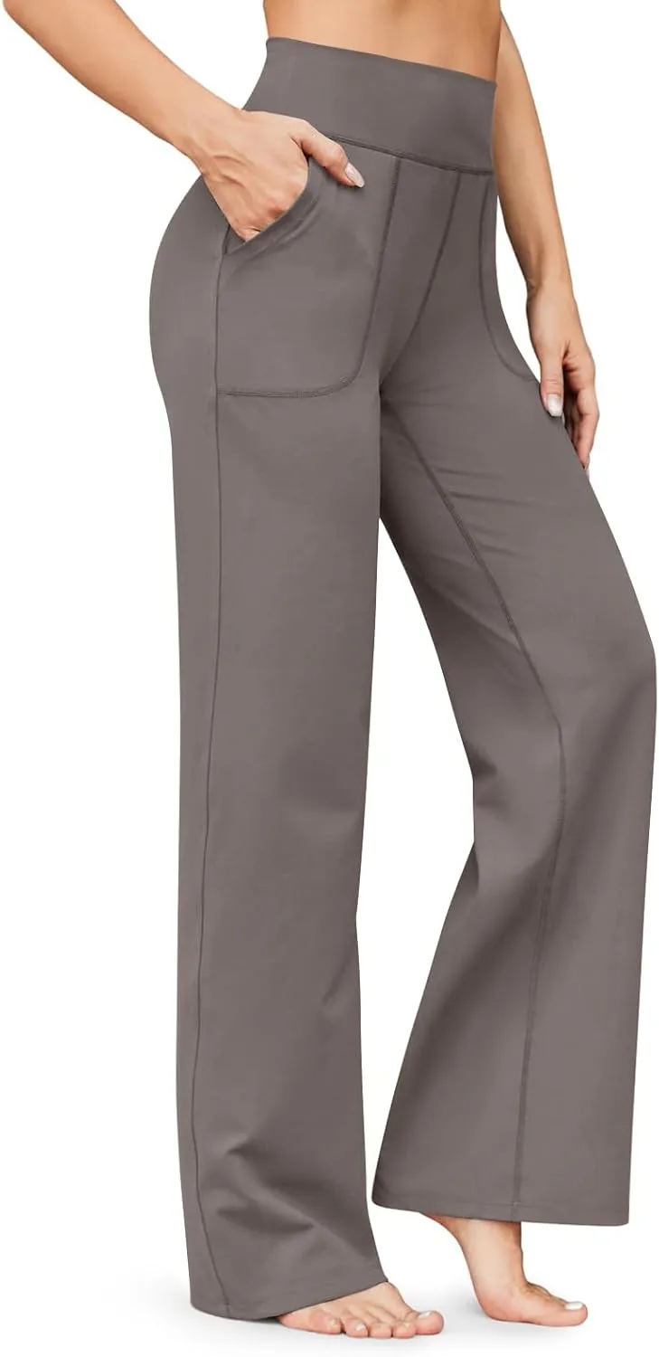 Women Wide Leg Yoga Pants with Pockets Tummy Control Flare Leggings Straight Leg Sweatpants Stretch Lounge Pants