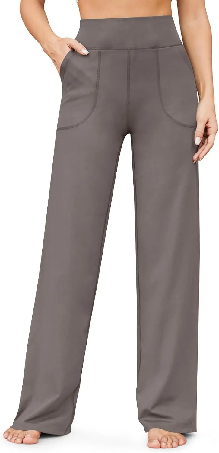Women Wide Leg Yoga Pants with Pockets Tummy Control Flare Leggings Straight Leg Sweatpants Stretch Lounge Pants