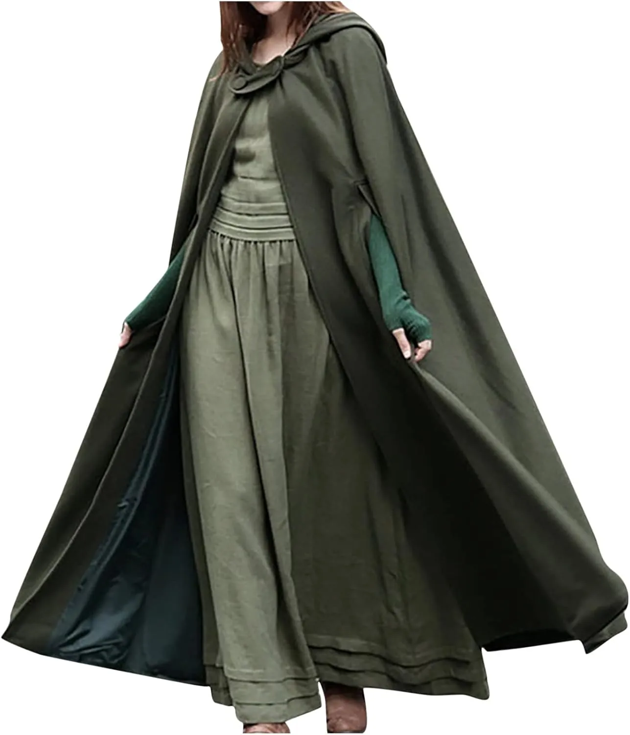 Women Winter Long Cape Coat Renaissance Victorian Jacket Cloak Hood Vintage Casual Robes Cosplay Halloween Costume