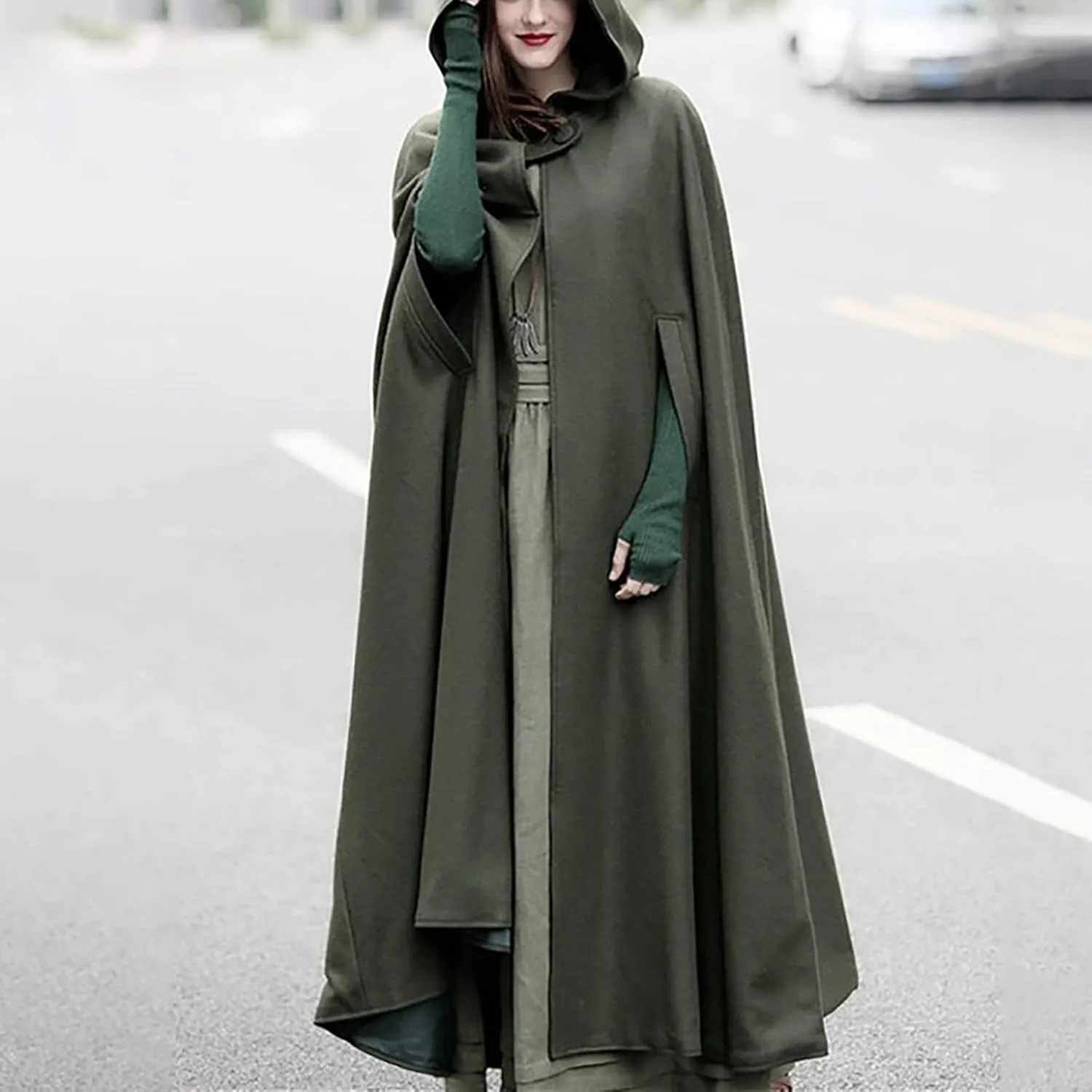 Women Winter Long Cape Coat Renaissance Victorian Jacket Cloak Hood Vintage Casual Robes Cosplay Halloween Costume