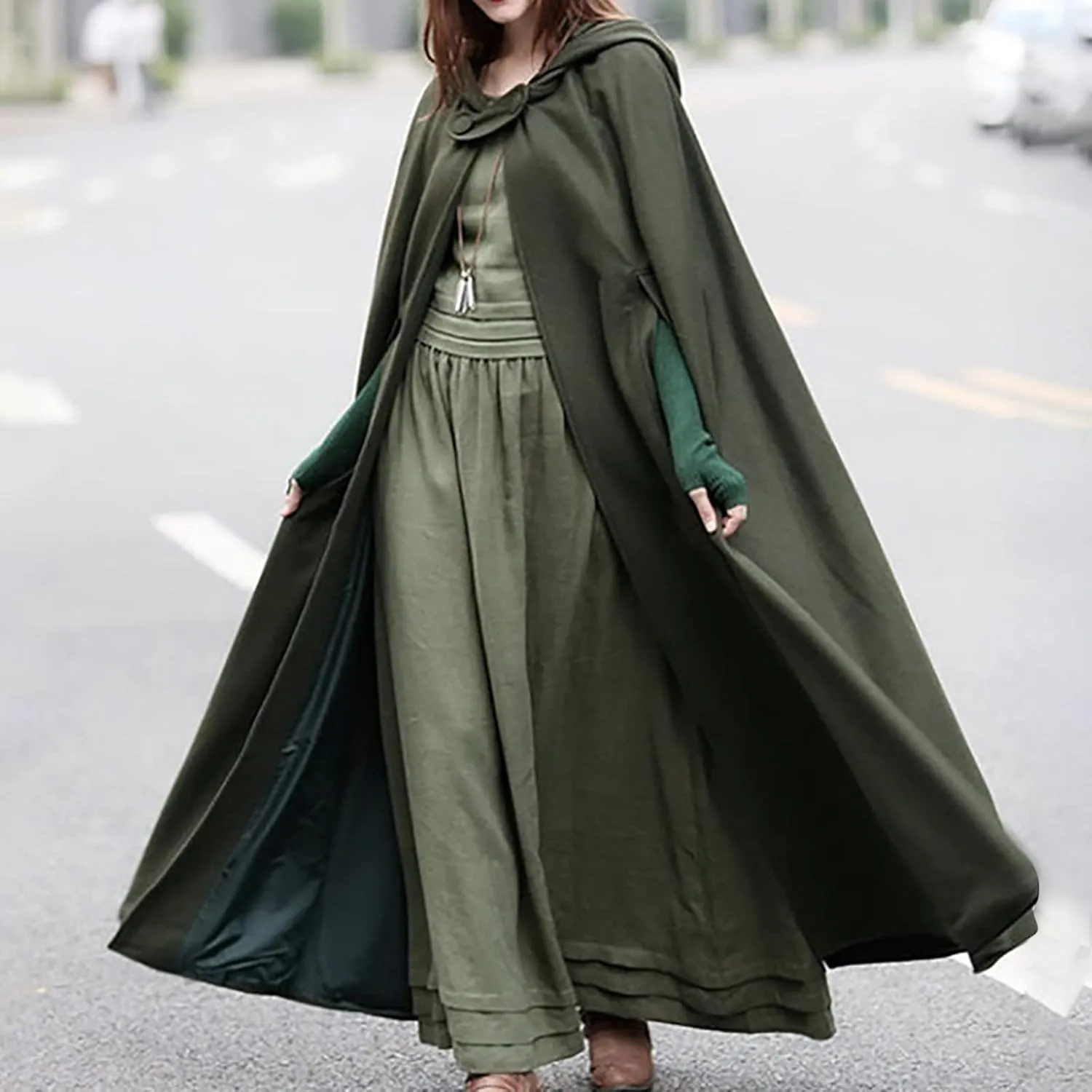 Women Winter Long Cape Coat Renaissance Victorian Jacket Cloak Hood Vintage Casual Robes Cosplay Halloween Costume