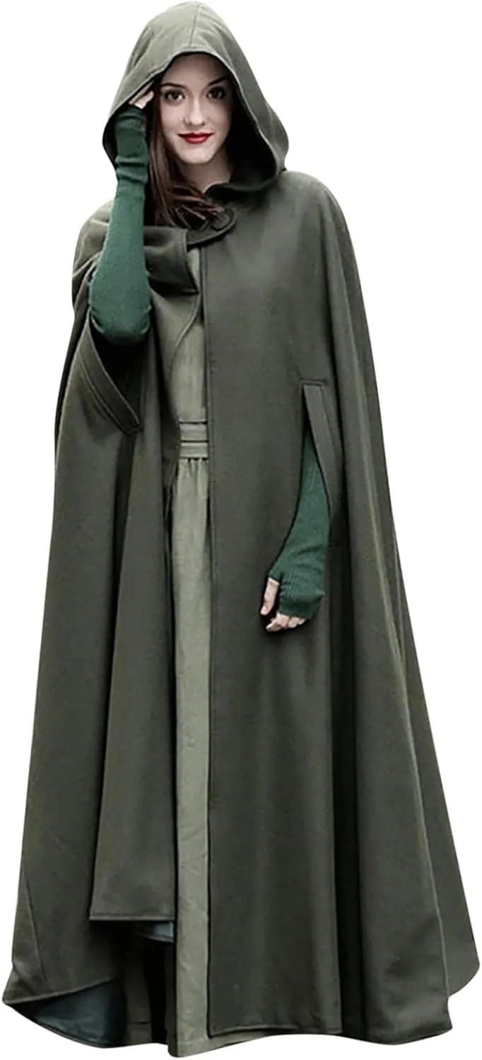 Women Winter Long Cape Coat Renaissance Victorian Jacket Cloak Hood Vintage Casual Robes Cosplay Halloween Costume